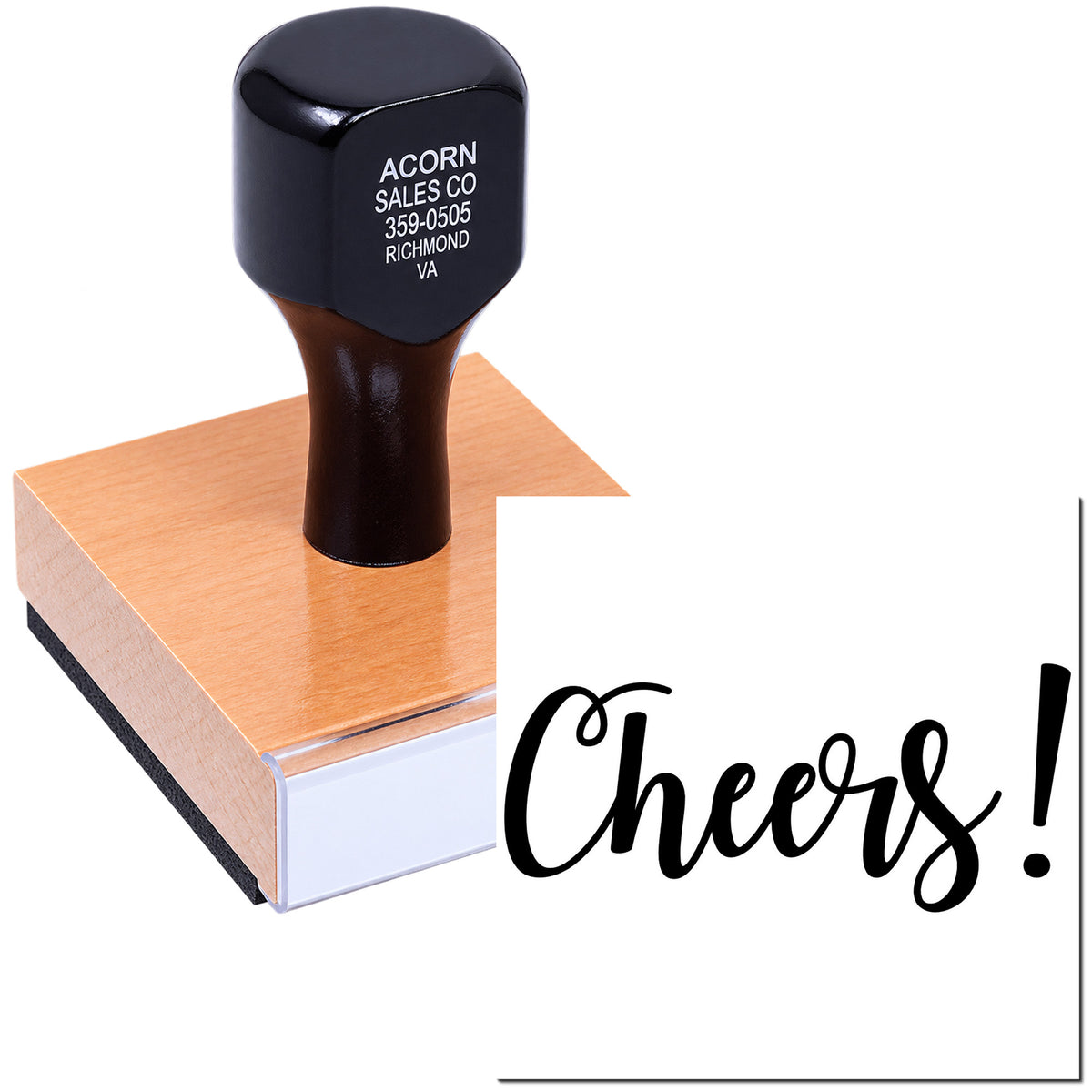 Custom rubber stamp with Cheers! design for party invitations, branded stationery, and celebratory packaging.