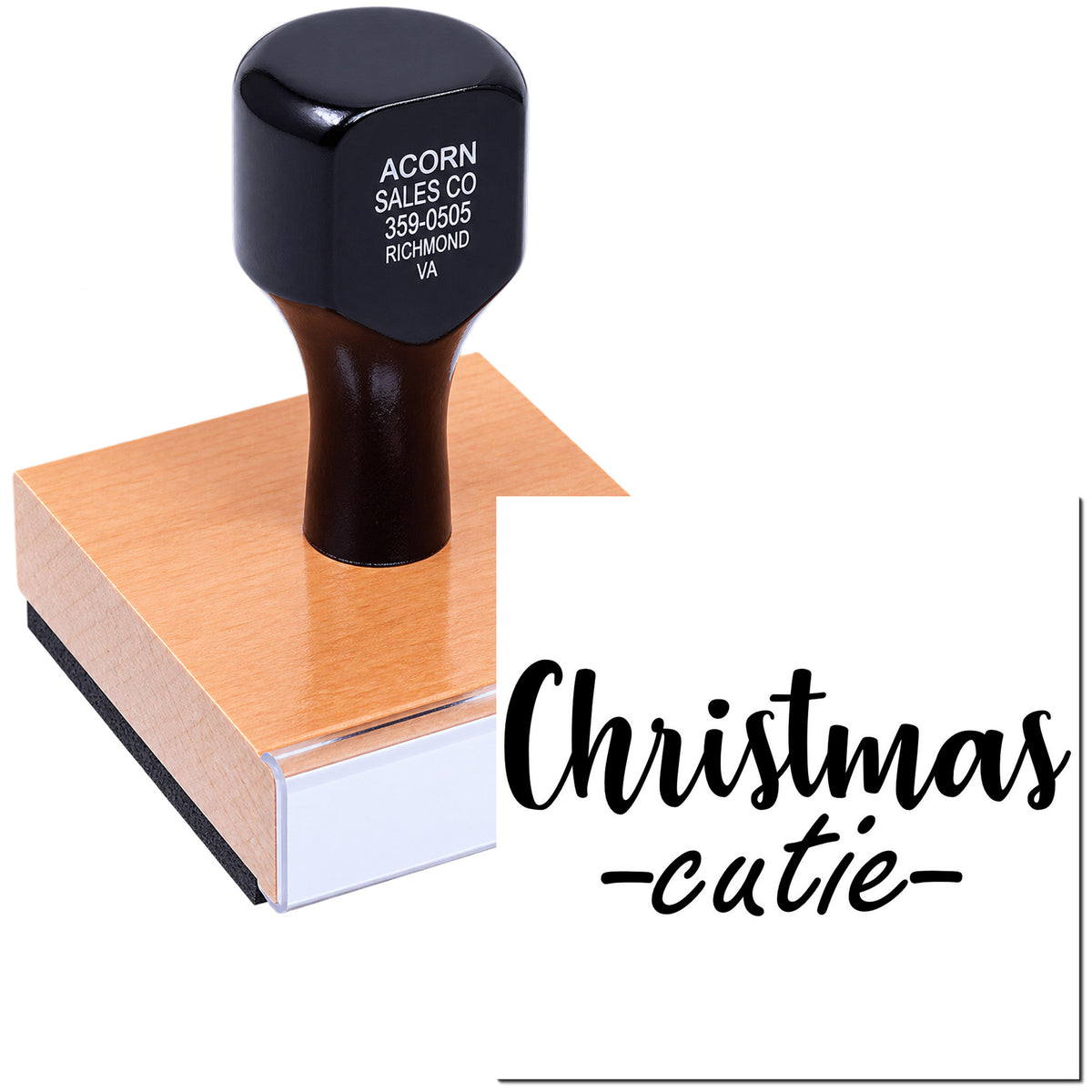 Custom Christmas Cutie rubber stamp for holiday cards, featuring a personalized script design.
