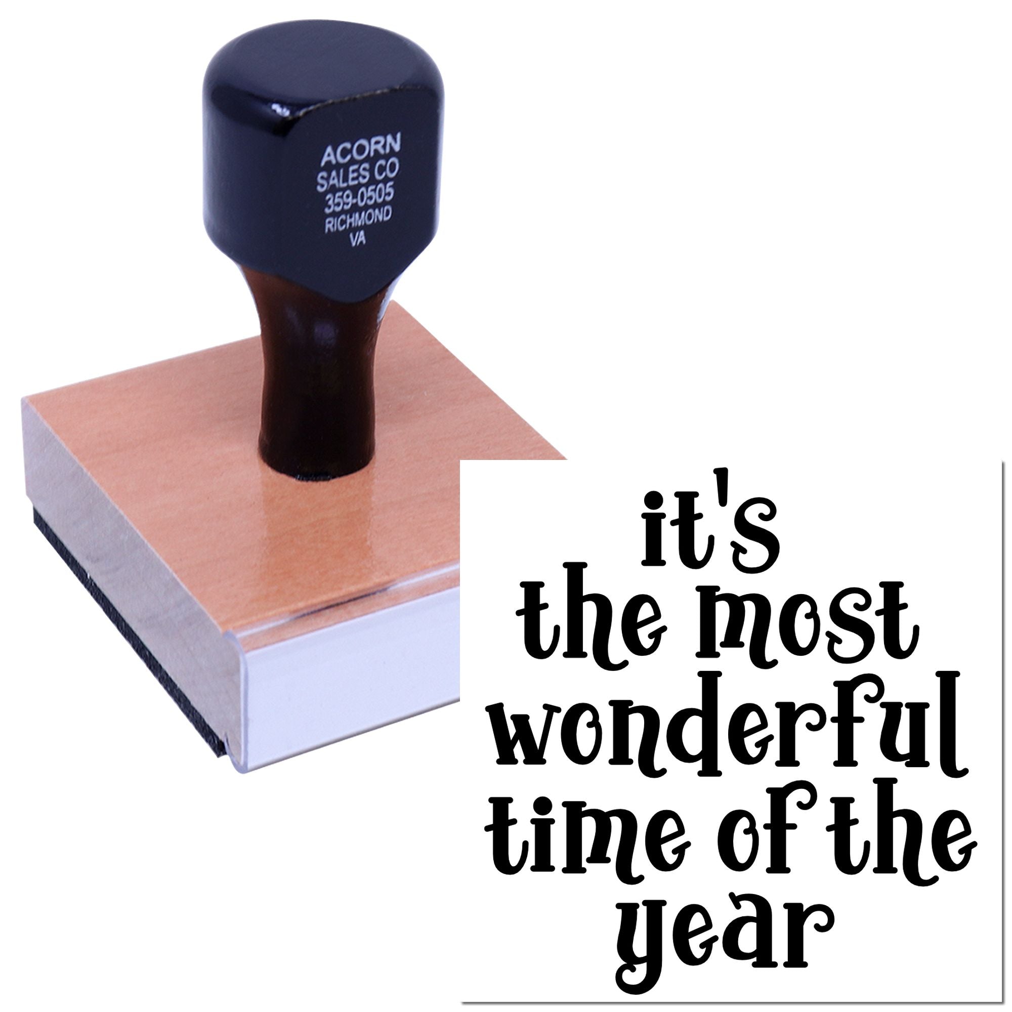 Self-inking rubber stamp with Its the Most Wonderful Time of the Year for holiday cards, gifts, and packaging.