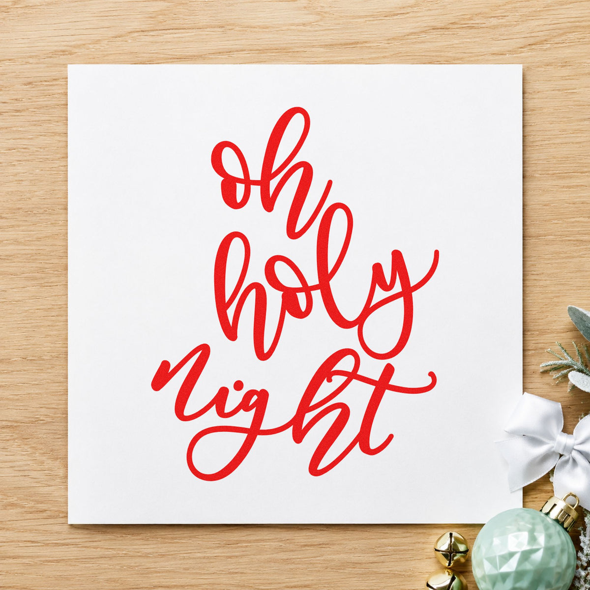 Oh Holy Night Script rubber stamp shown in red ink, stamped for projects such as music sleeve labels.