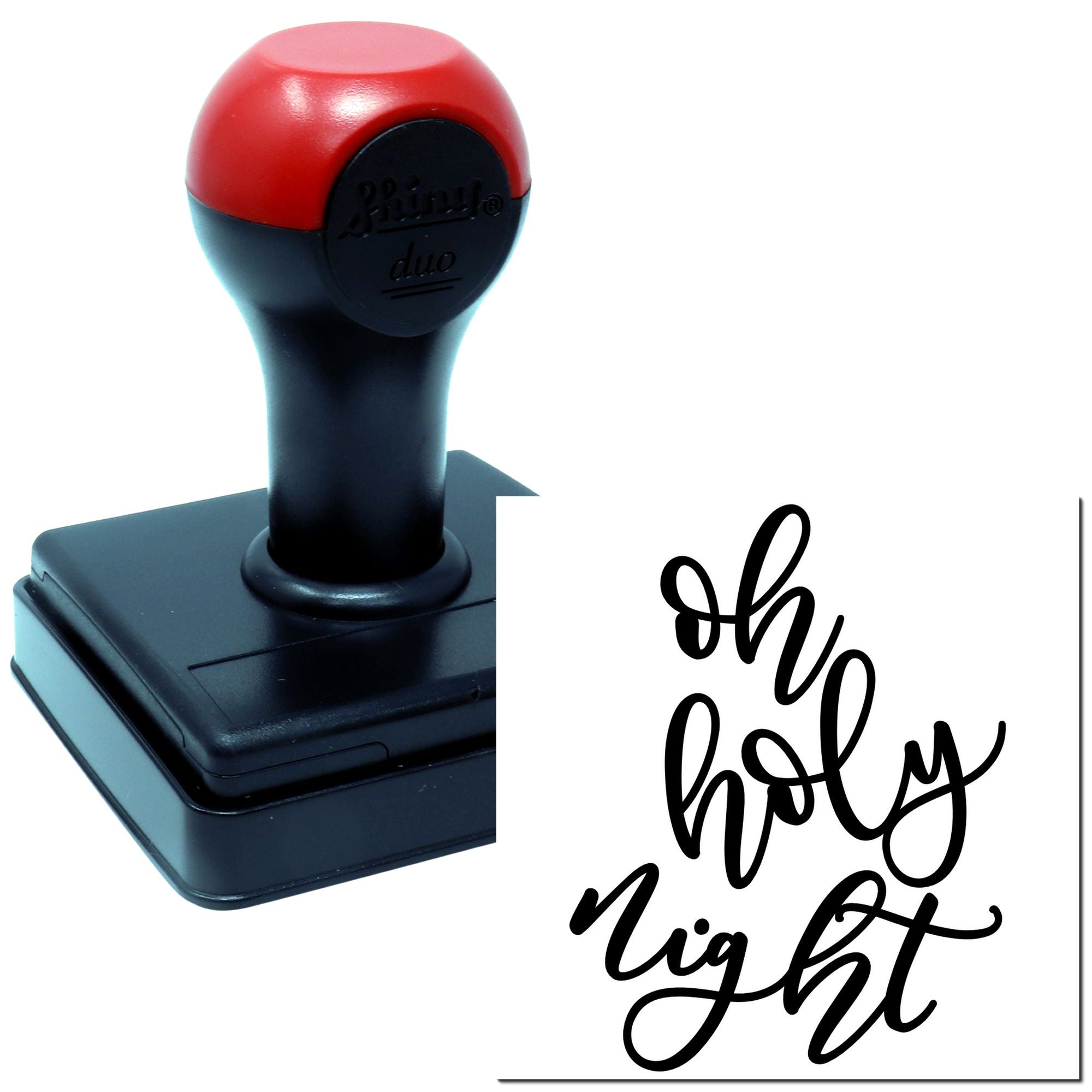 Self-inking rubber stamp with custom Oh Holy Night script design for holiday cards and crafts.