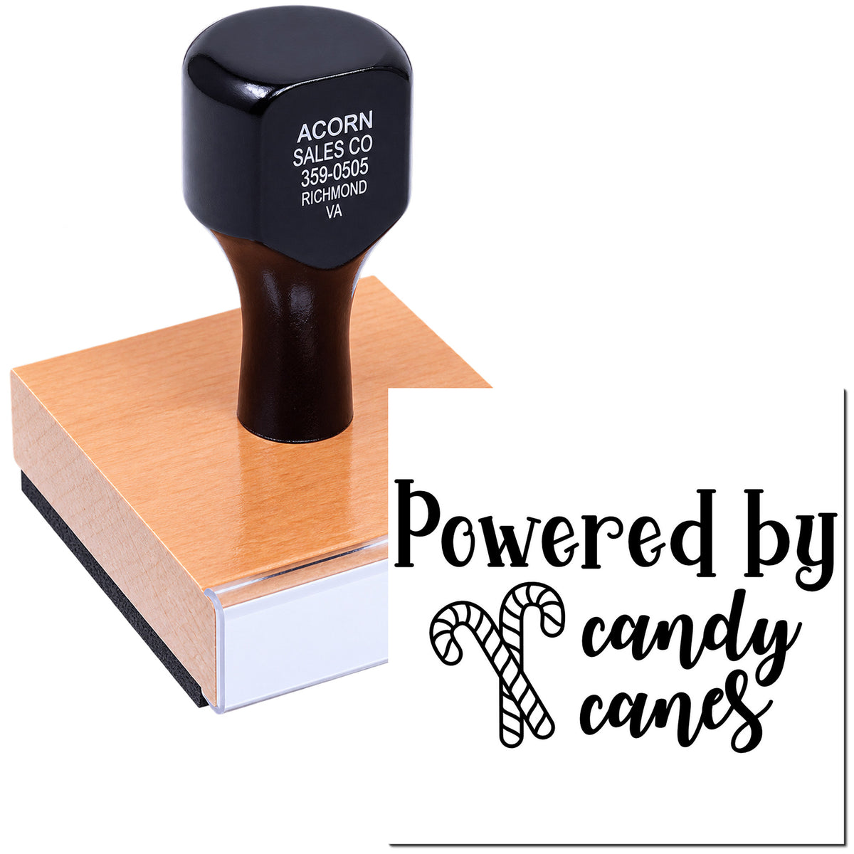 Custom Christmas rubber stamp with Powered by candy canes design for festive cards and packaging.