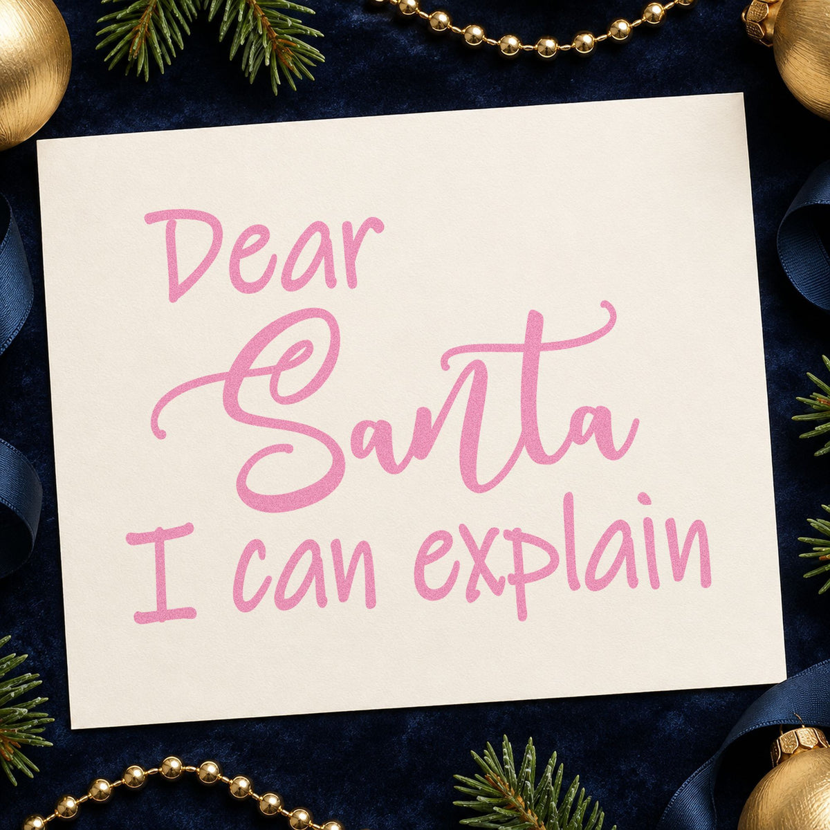 Dear Santa I Can Explain Script craft stamp in purple ink on cardstock, an easy option for blooper album page.