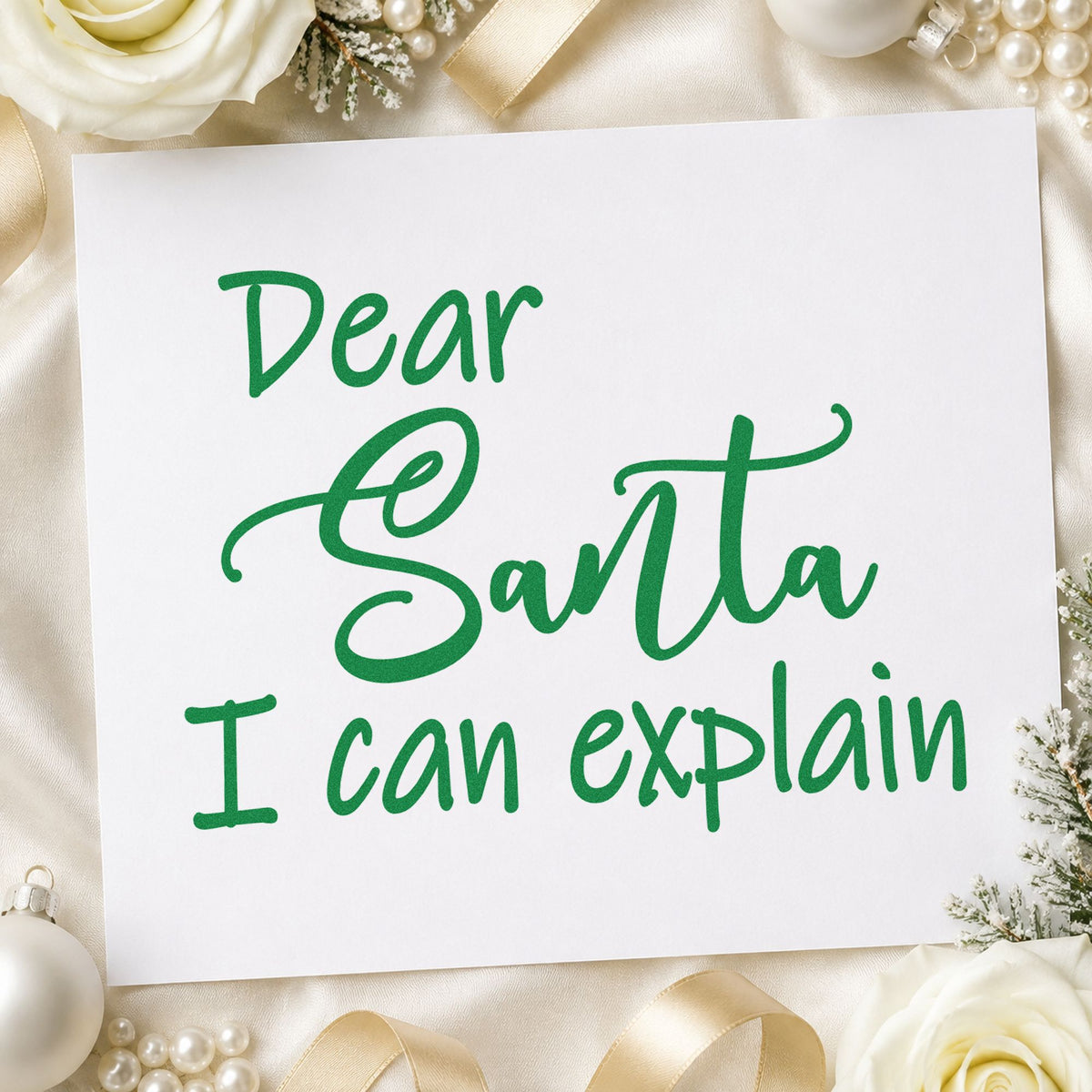 Dear Santa I Can Explain Script craft stamp imprint in green ink on a handmade project, one idea being apology gift tags.