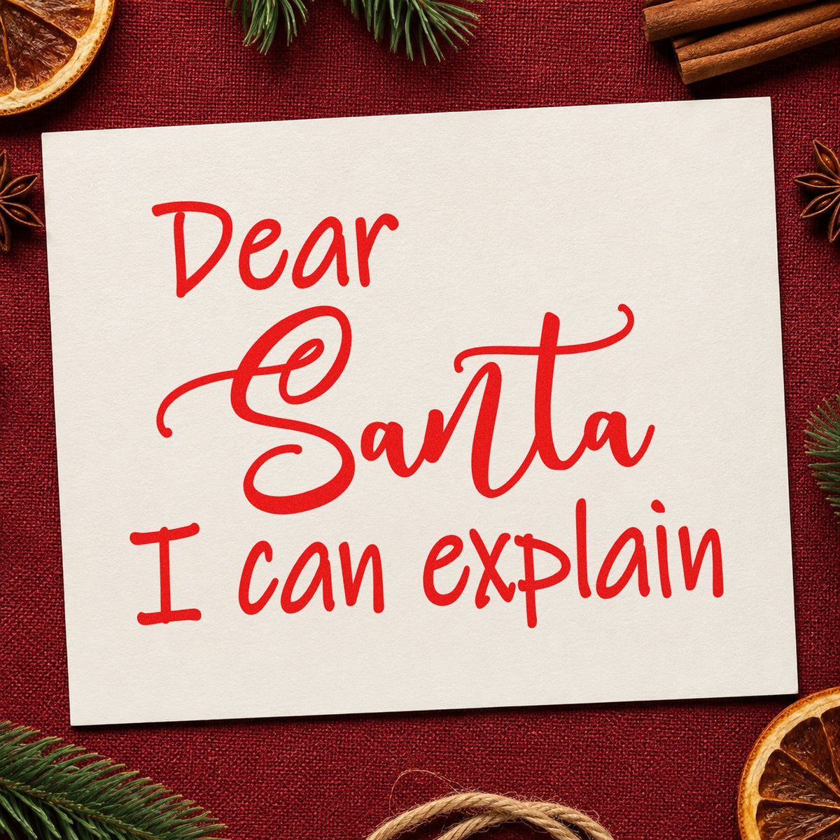 Dear Santa I Can Explain Script craft stamp in red ink on cardstock, an easy option for work shirt printing.