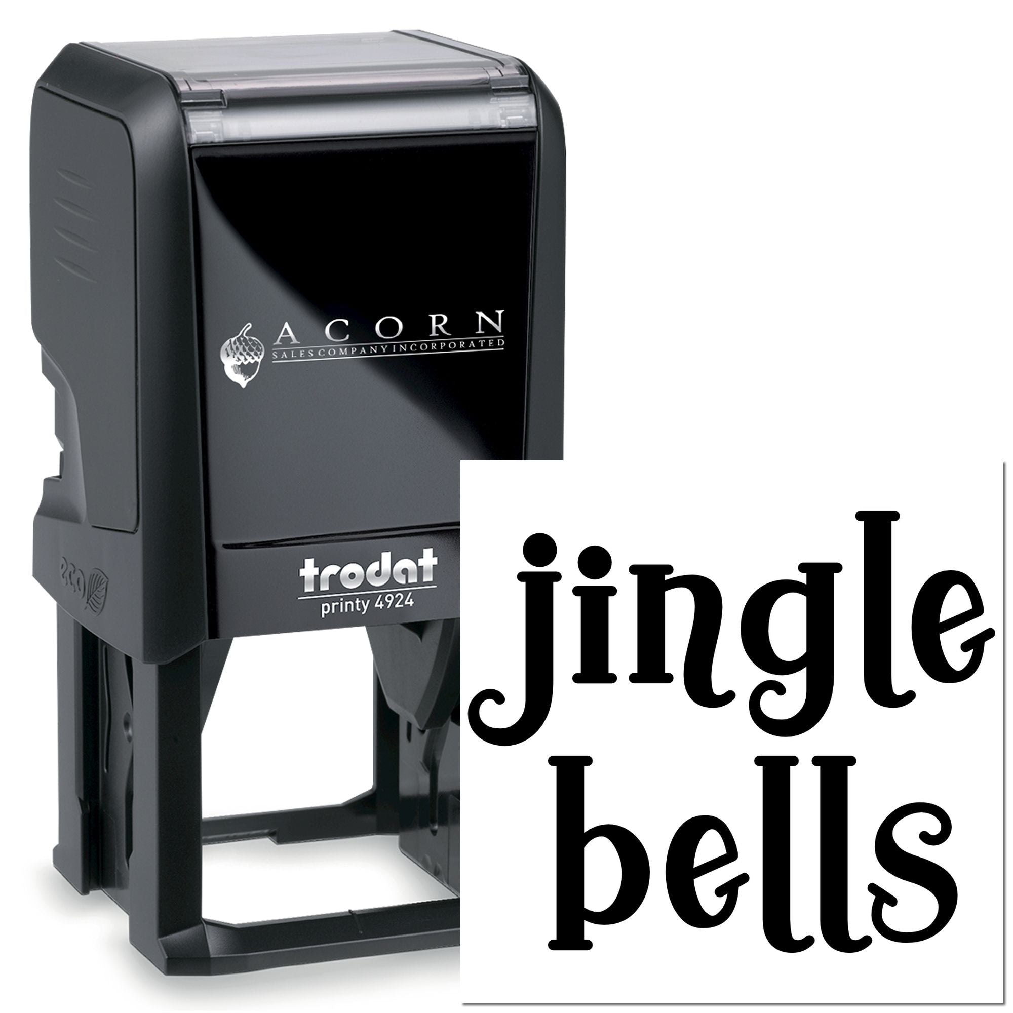 Custom Trodat Printy 4924 self-inking rubber stamp with jingle bells imprint for holiday crafting and labeling.