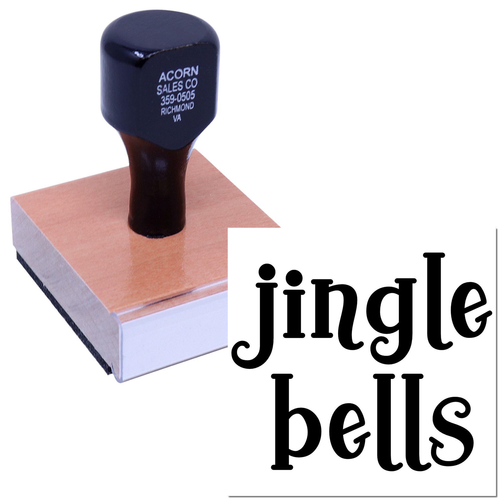 Custom rubber stamp with Jingle Bells design for holiday cards, crafts, and seasonal packaging.
