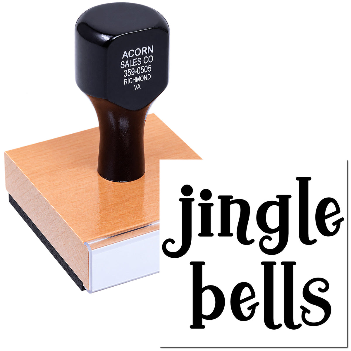 Custom rubber stamp with Jingle Bells design for holiday cards, crafts, and seasonal packaging.