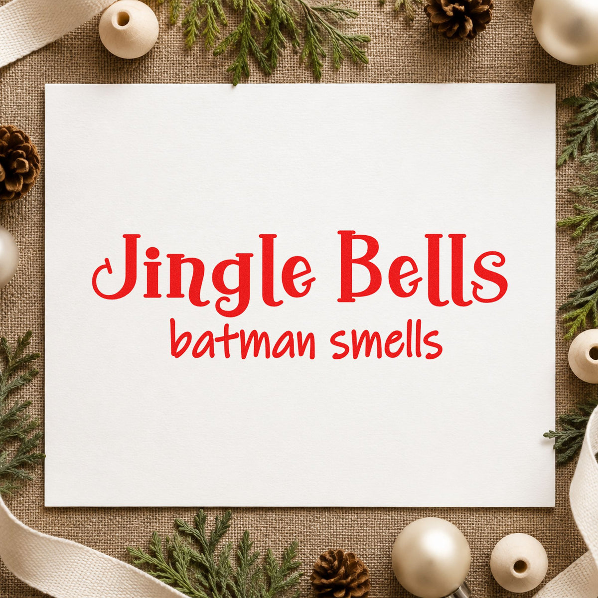 Jingle Bells Batman Smells rubber stamp shown in red ink, stamped for projects such as sticker sheet labels.