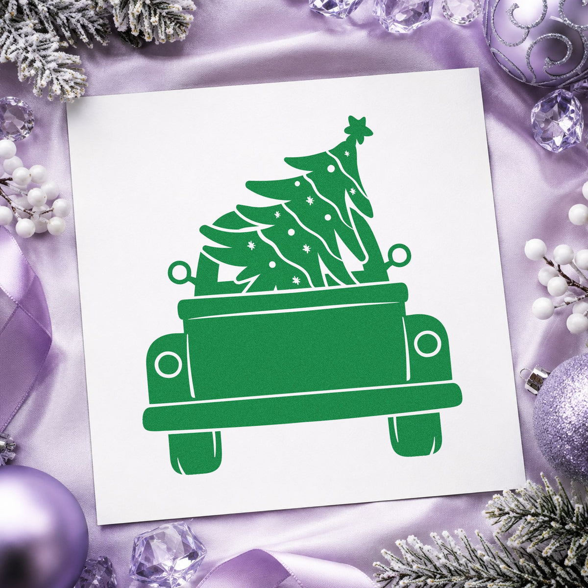 Pickup Truck Christmas Tree craft stamp imprint in green ink on a handmade project, one idea being farmstand gift tags.