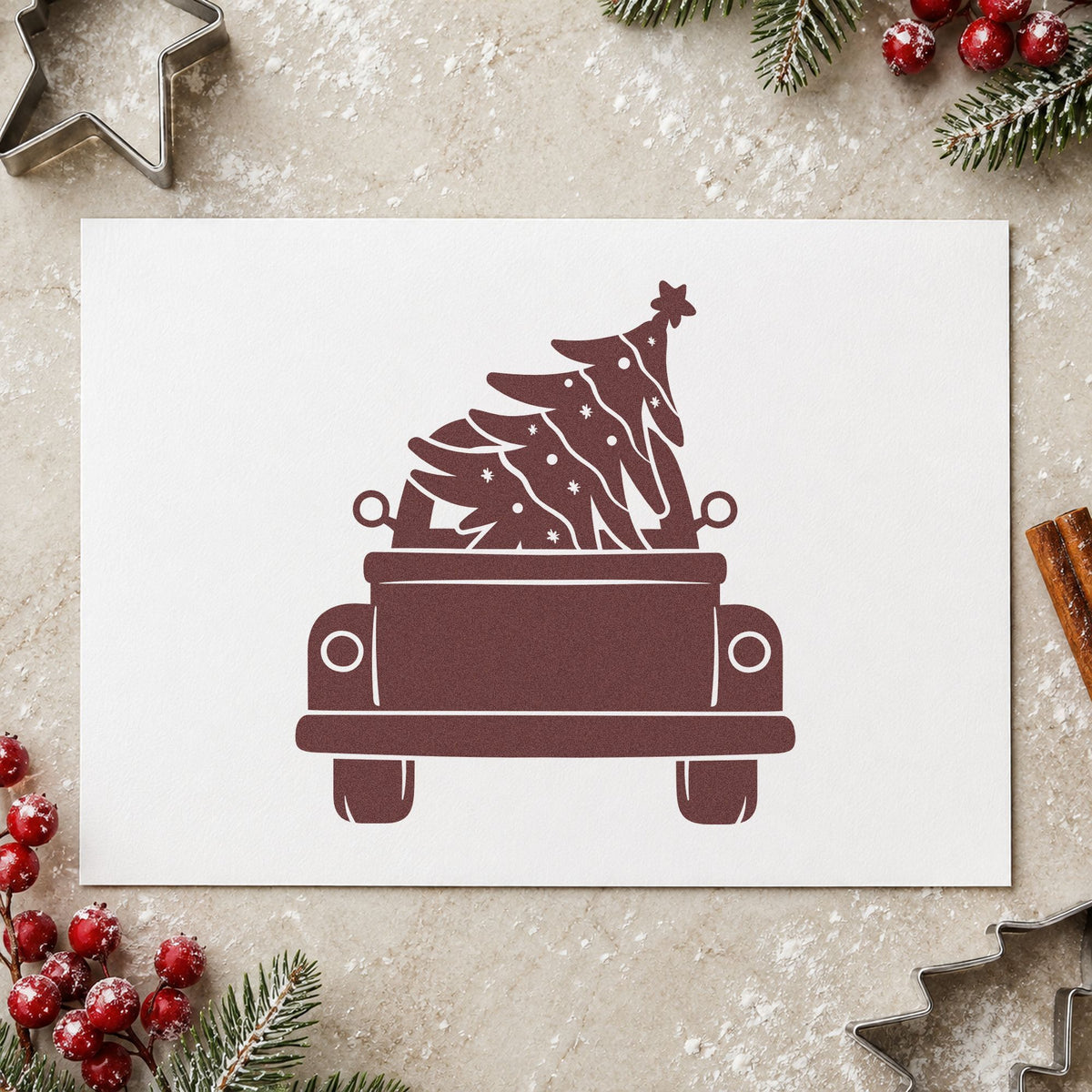 Pickup Truck Christmas Tree rubber stamp printed in brown ink, ready for delivery route sheet and similar paper crafts.
