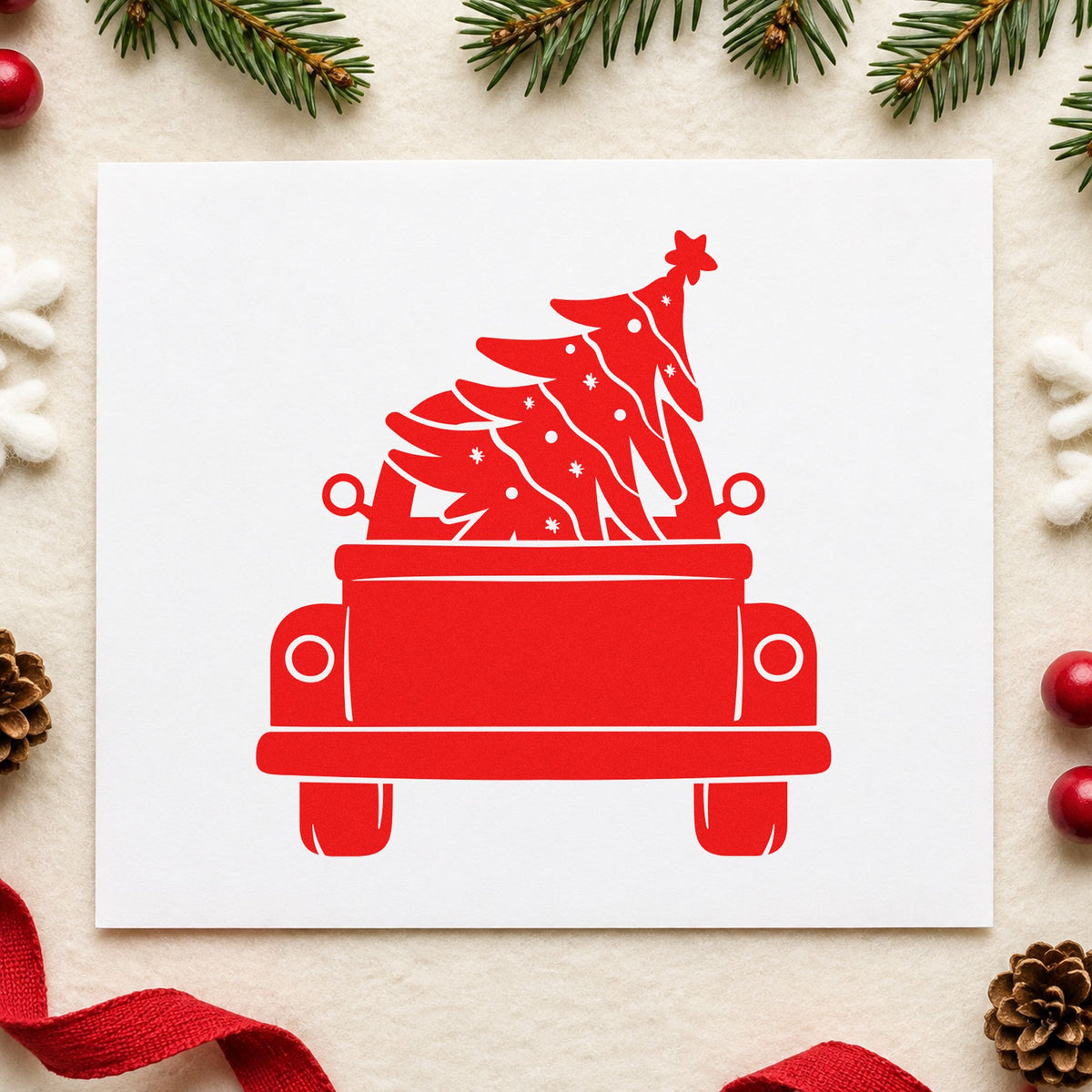 Pickup Truck Christmas Tree craft stamp in red ink on cardstock, an easy option for seat cover printing.
