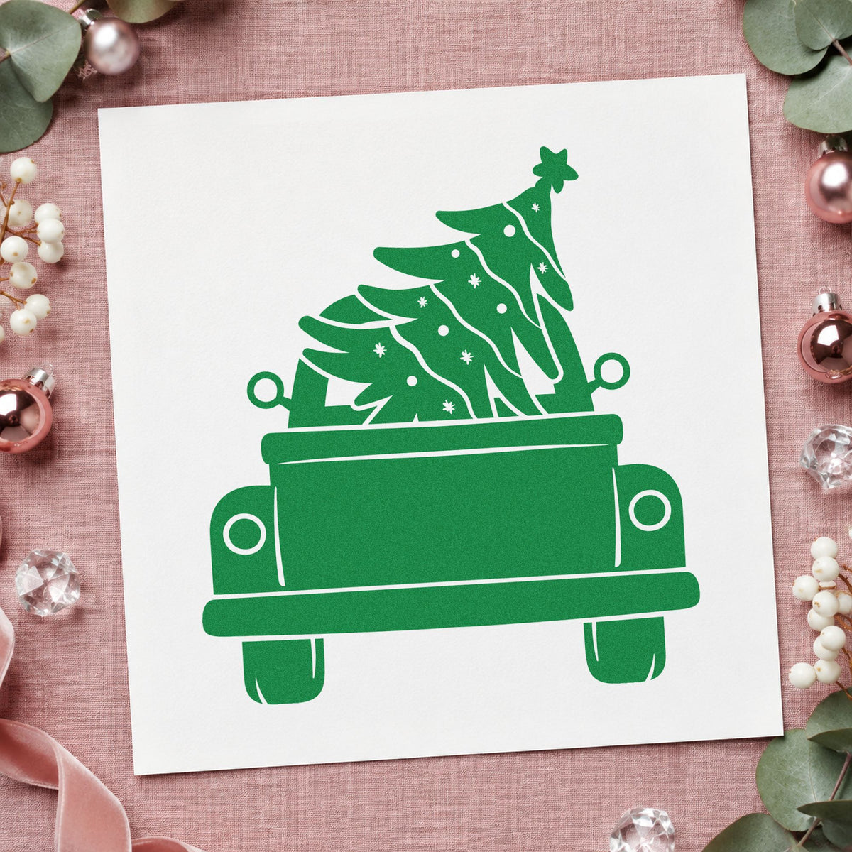 Pickup Truck Christmas Tree craft stamp imprinted in green ink on paper, a design suited to framed farmhouse wall.