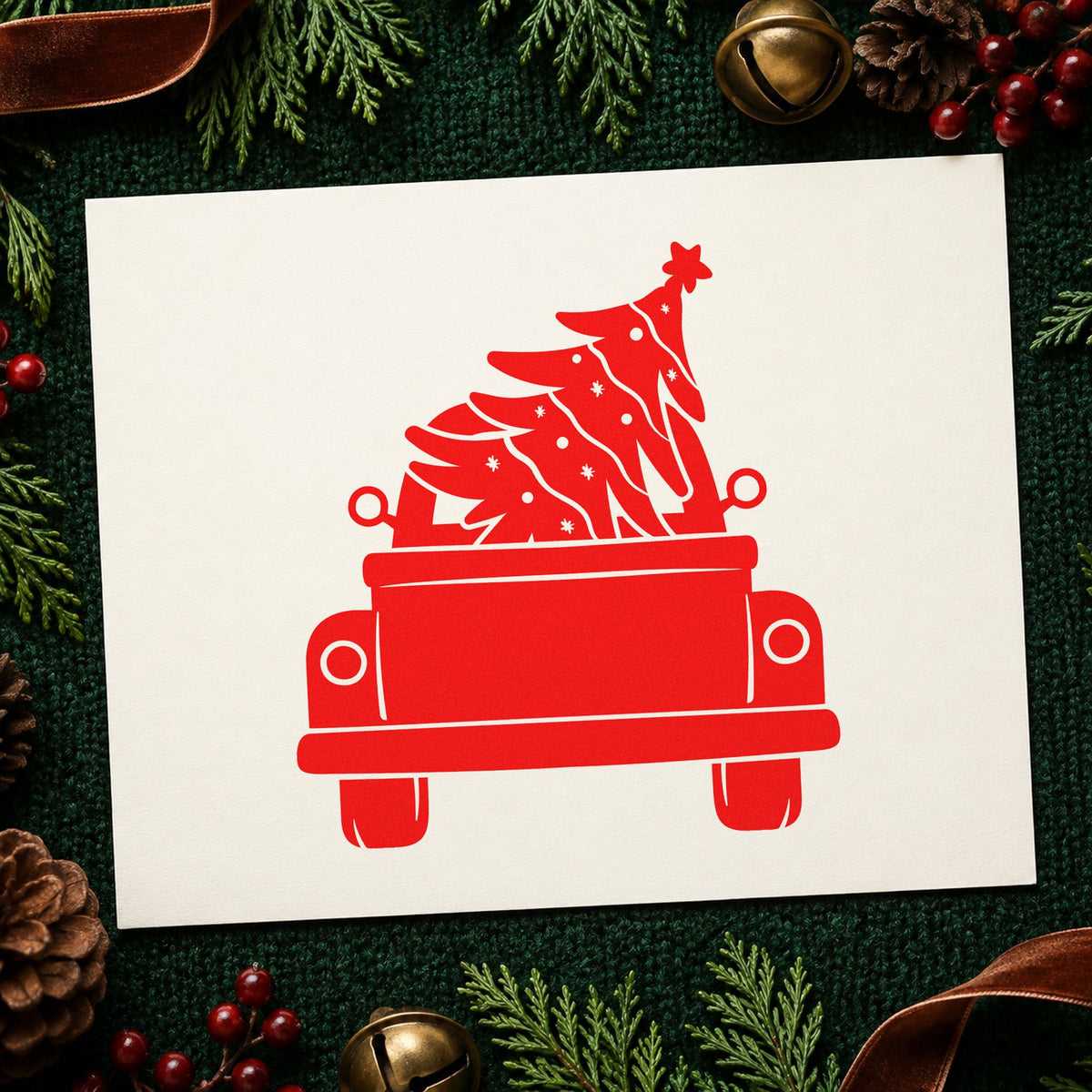 Pickup Truck Christmas Tree rubber stamp shown in red ink, stamped for projects such as feed sack labels.