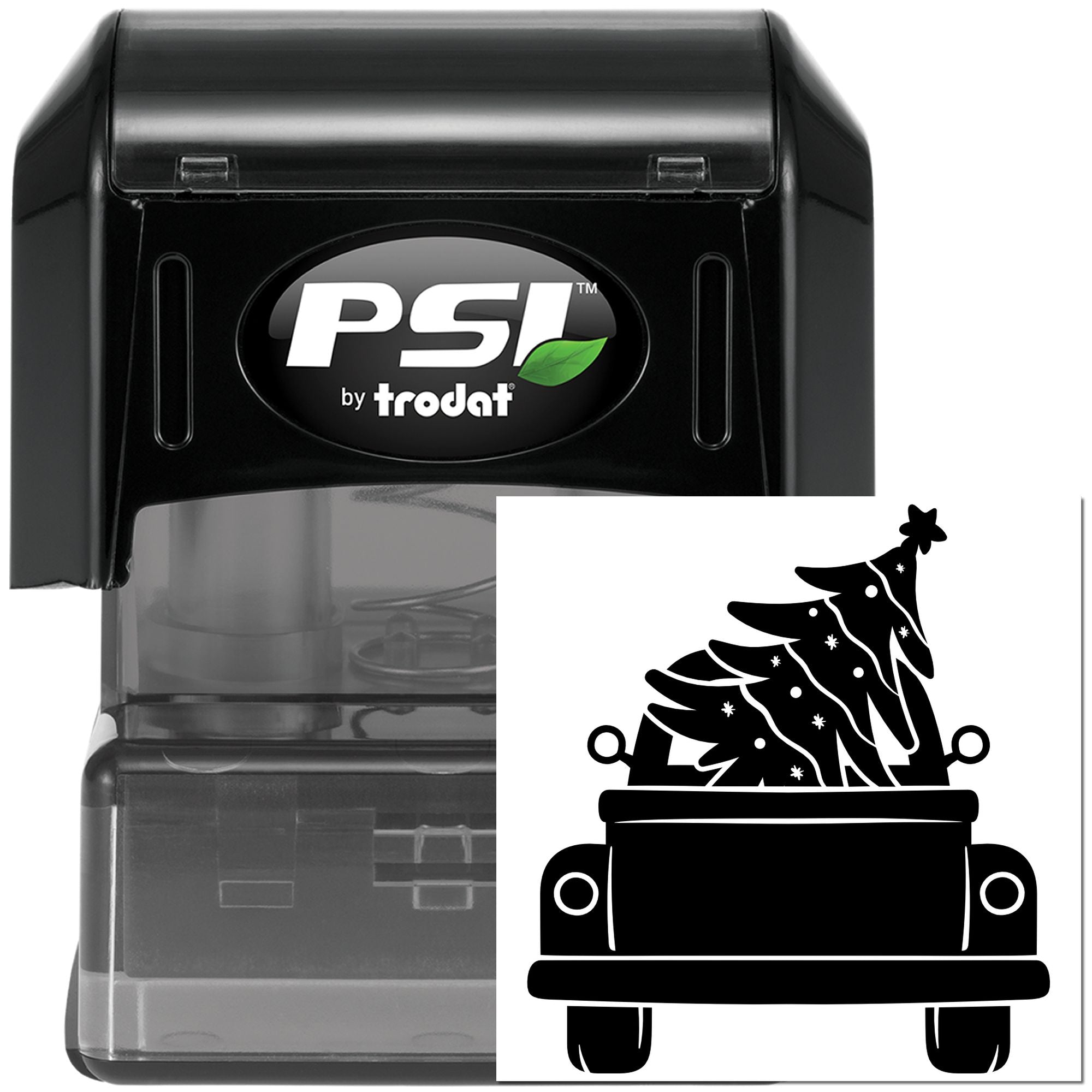 PSI by Trodat self-inking rubber stamp with Christmas tree design for custom holiday cards, crafts, and packaging.