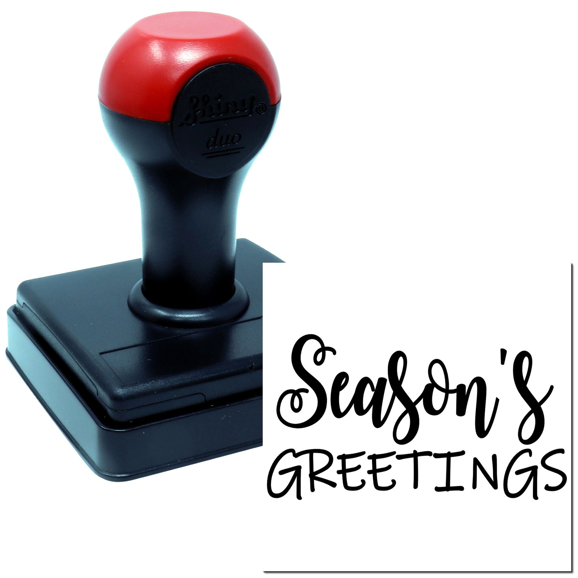 Self-inking rubber stamp with Seasons Greetings imprint for holiday cards, gift packaging, and custom greeting use.