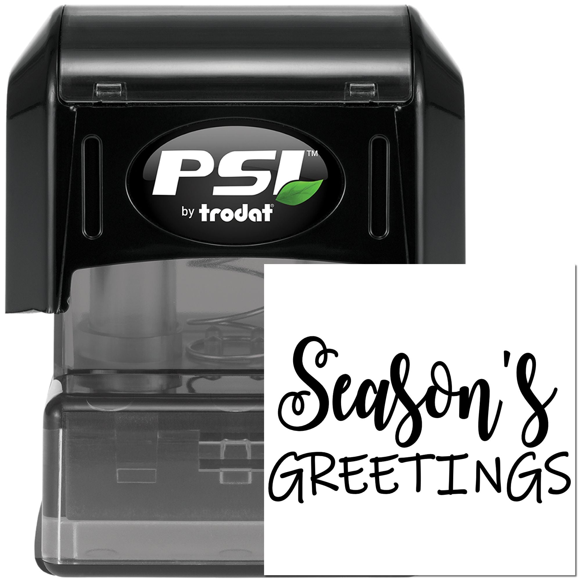PSI by Trodat self-inking rubber stamp with custom Seasons Greetings holiday message