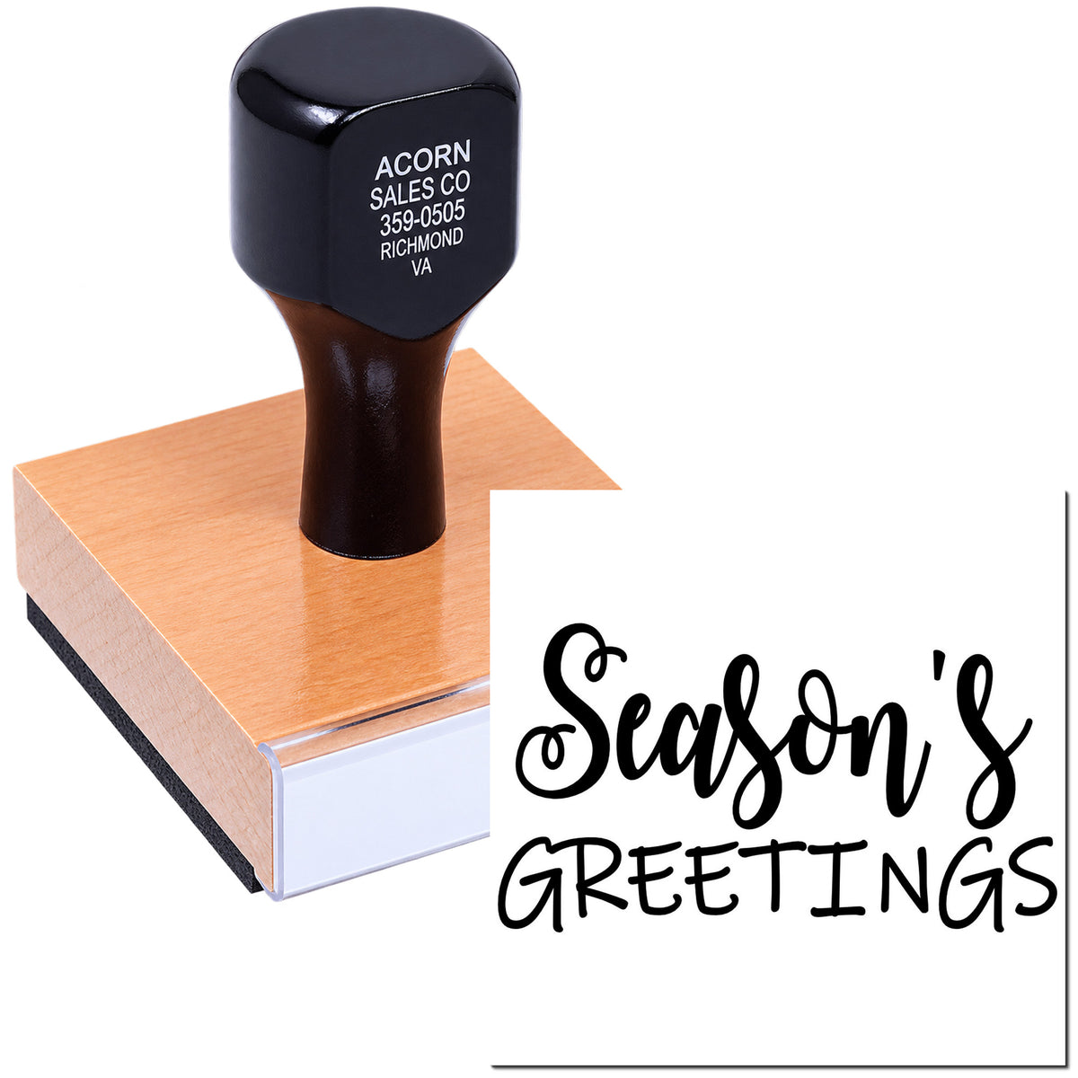 Custom rubber stamp with Seasons Greetings holiday message for cards, crafts, and business packaging.