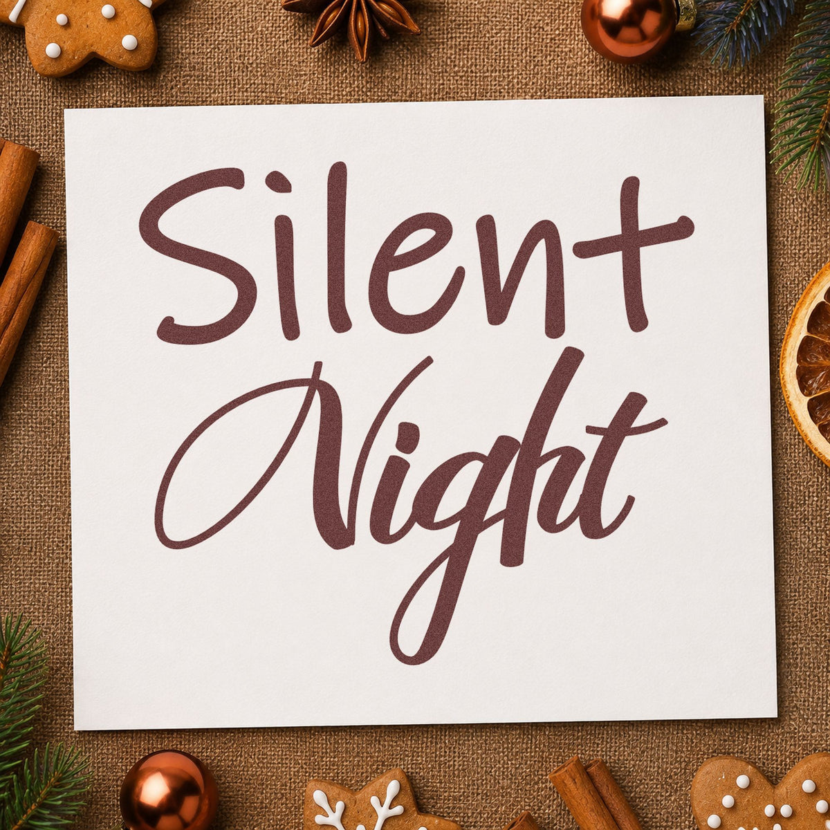 Silent Night Mixed Script rubber stamp printed in brown ink, ready for sleep log sheet and similar paper crafts.