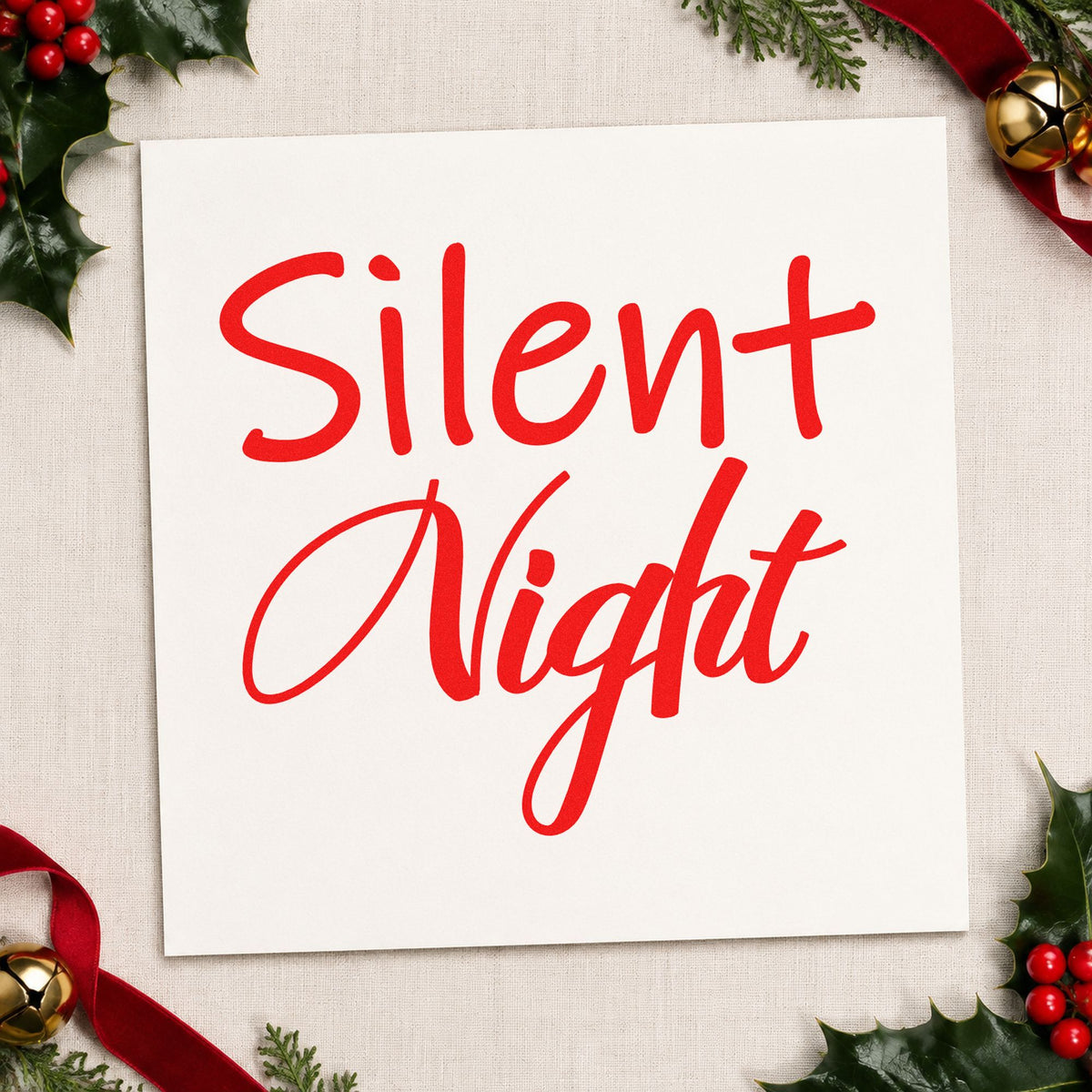 Silent Night Mixed Script rubber stamp shown in red ink, stamped for projects such as sound machine labels.