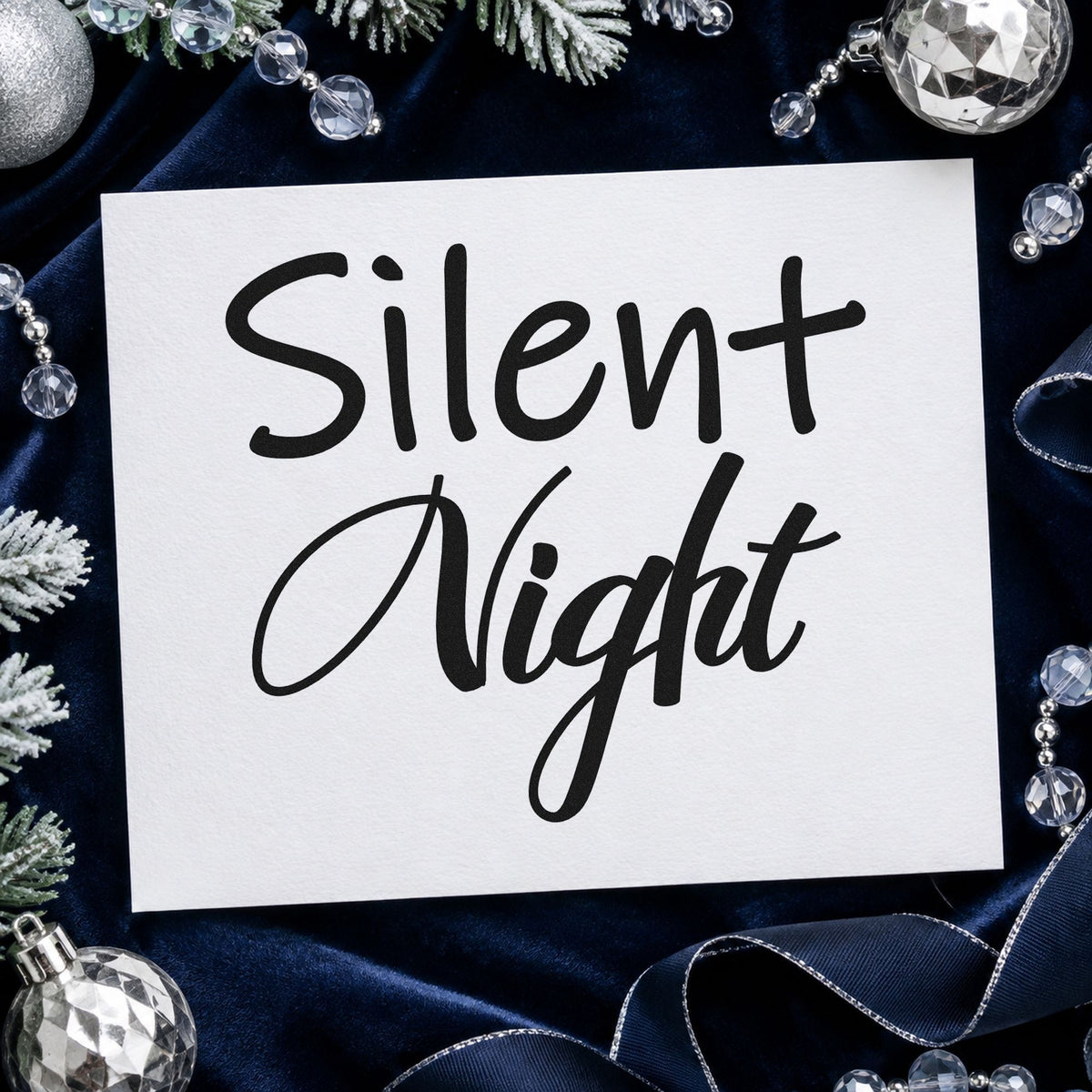 Silent Night Mixed Script rubber stamp printed in black ink, ready for silent night pair cards and similar paper crafts.