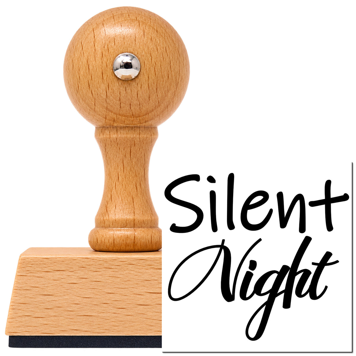 Silent Night Mixed Script Lettering Vintage Pro rubber stamp in European beech wood with a round knob handle, shown beside its black imprint.