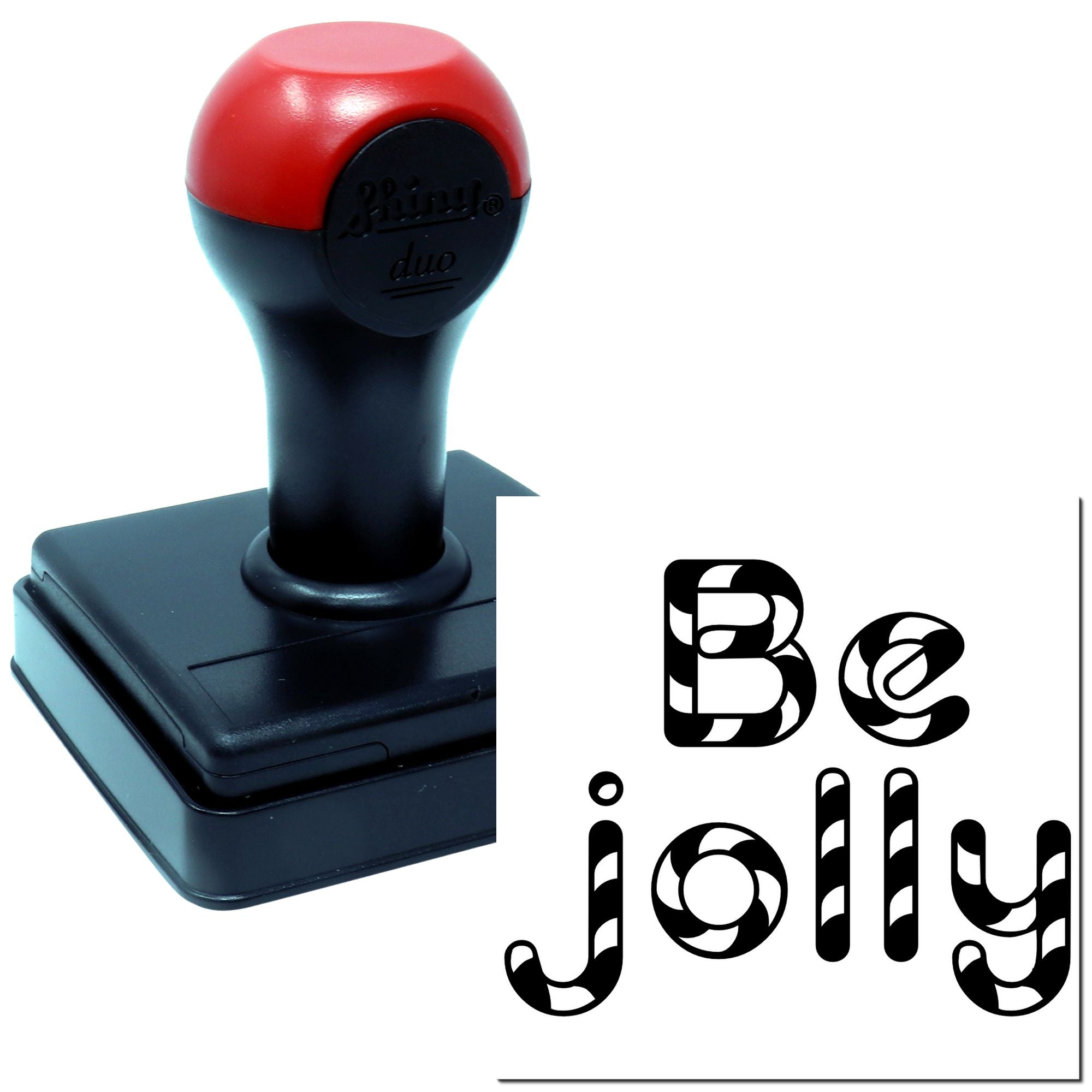 Self-inking rubber stamp with custom Be Jolly text design for holiday crafts, branding, and personalized stationery.
