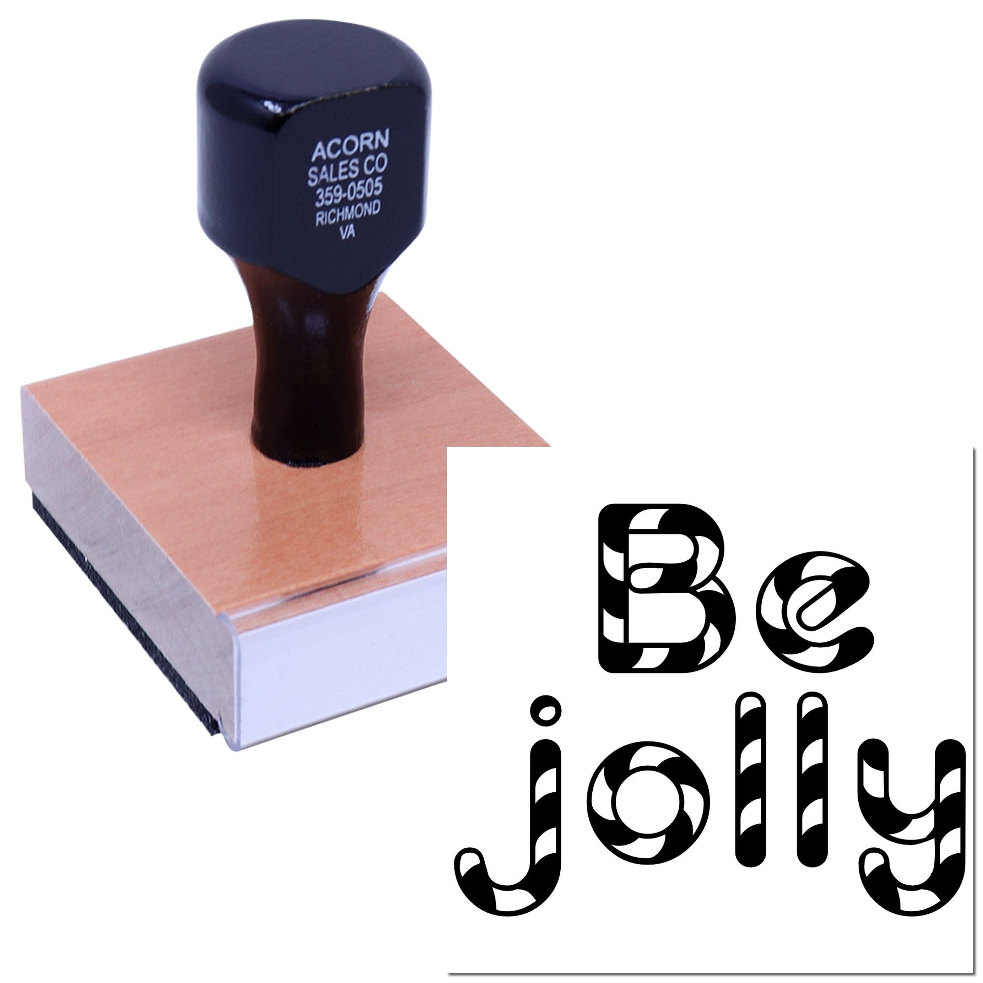 Custom rubber stamp with Be Jolly decorative lettering for holiday cards, gift tags, and festive craft projects.