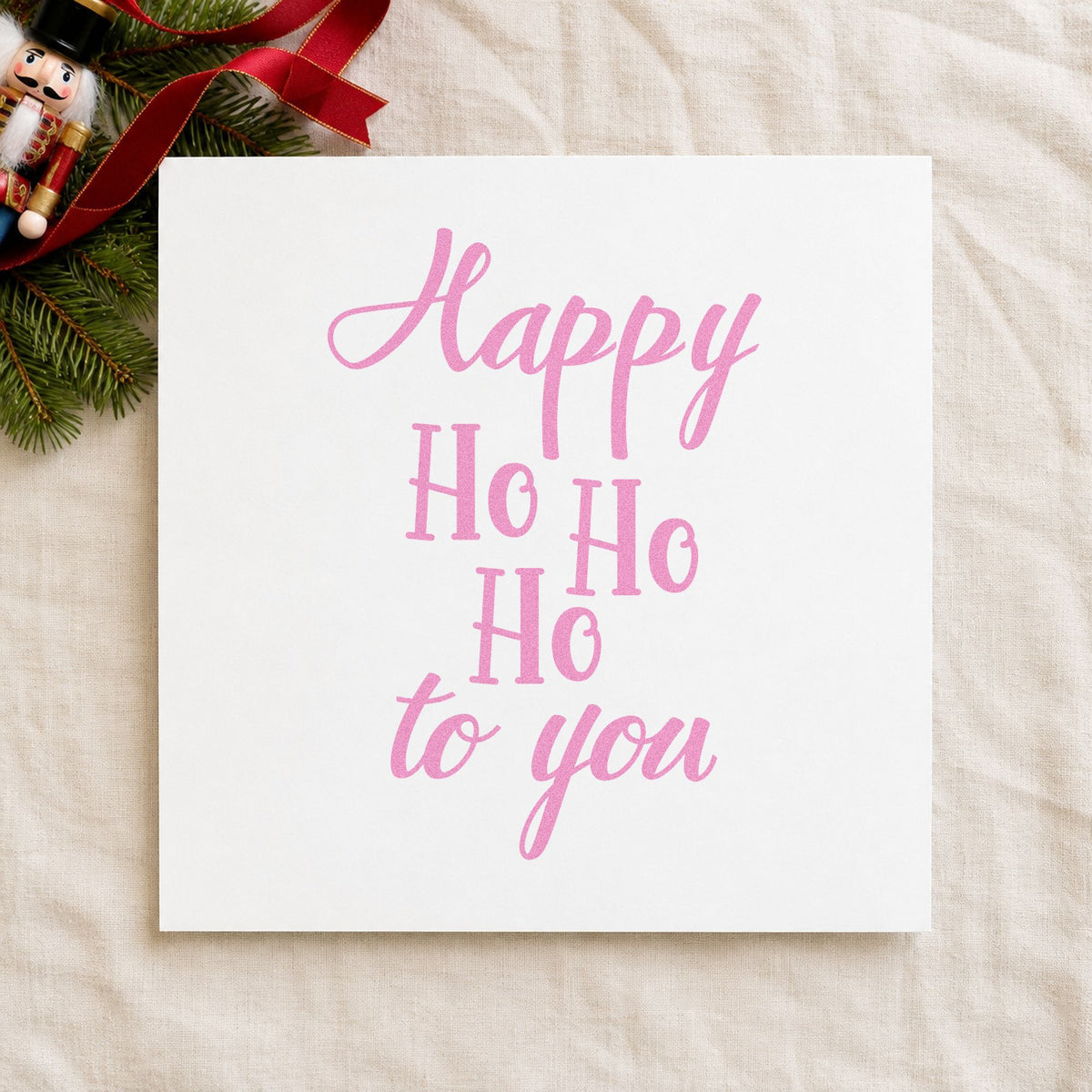 Happy Ho Ho Ho To You craft stamp in purple ink on cardstock, an easy option for column album panel.
