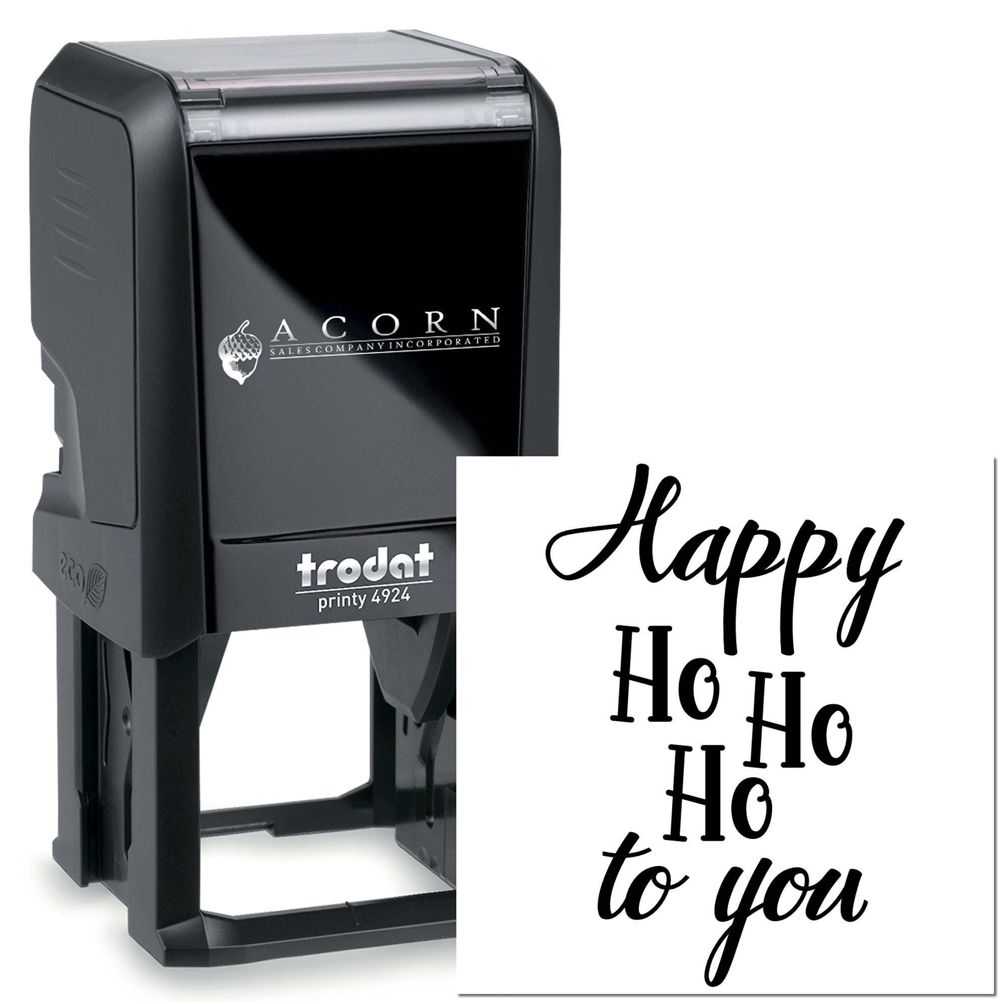 Custom Trodat self-inking rubber stamp with Happy Ho Ho to you holiday message for festive cards and packaging.