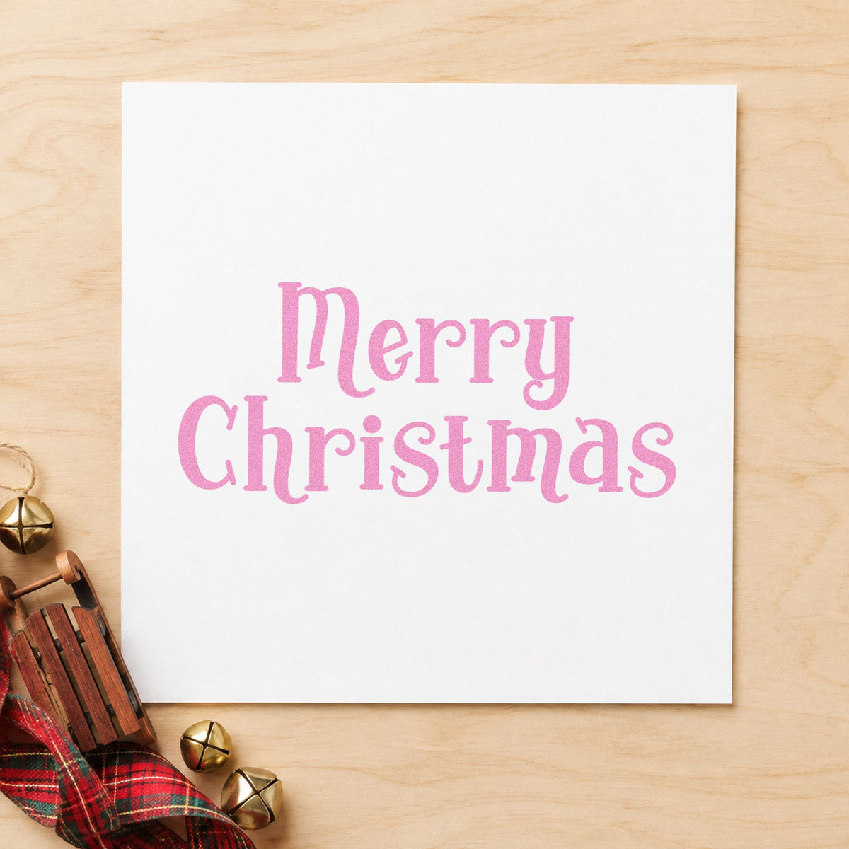 Merry Christmas Decorative Serif craft stamp in purple ink on cardstock, an easy option for archive album plate.