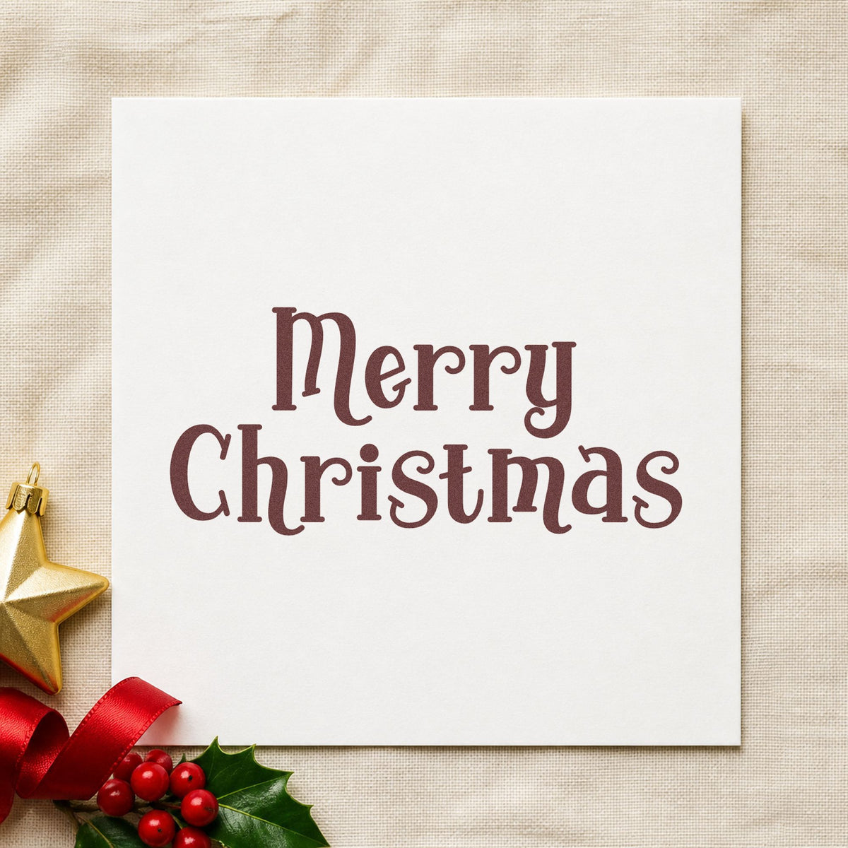 Merry Christmas Decorative Serif rubber stamp printed in brown ink, ready for ledger entry header and similar paper crafts.