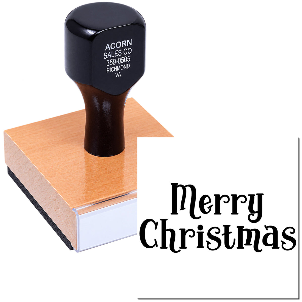 Custom Merry Christmas rubber stamp with wood handle for holiday cards, gift tags and festive packaging.