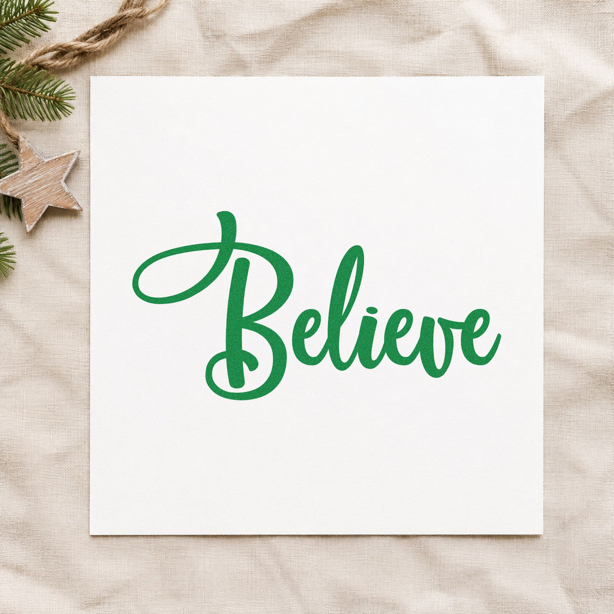 Believe Bold Script craft stamp imprint in green ink on a handmade project, one idea being monogram gift tags.