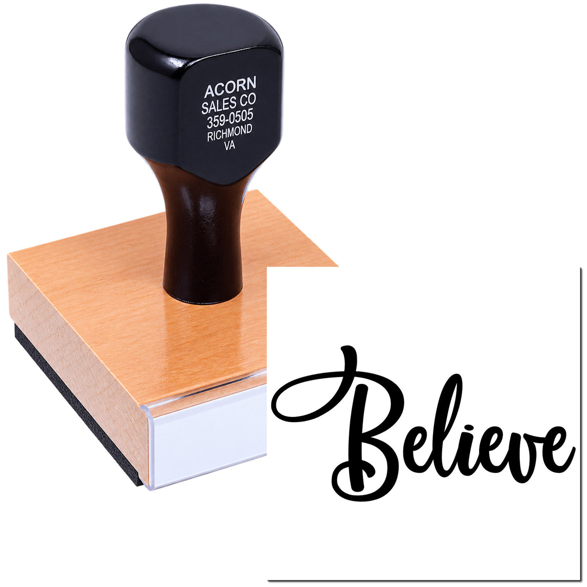 Custom rubber stamp with Believe design, shown on a wooden mount for crafting, branding, and handmade projects.