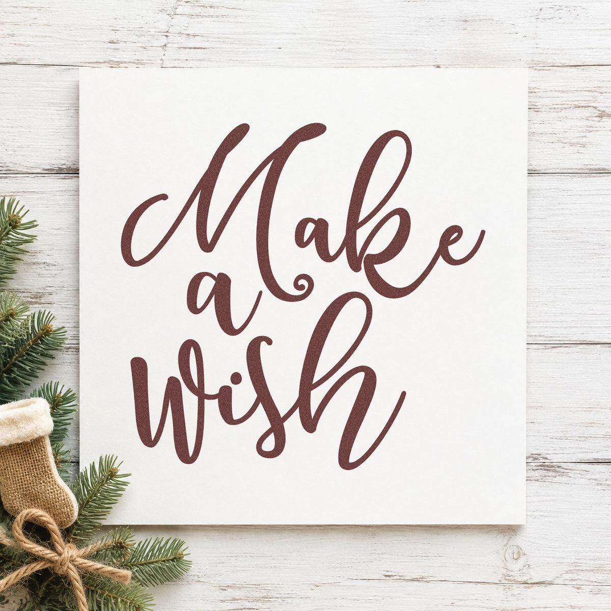Make A Wish Script rubber stamp printed in brown ink, ready for wish list notepad and similar paper crafts.