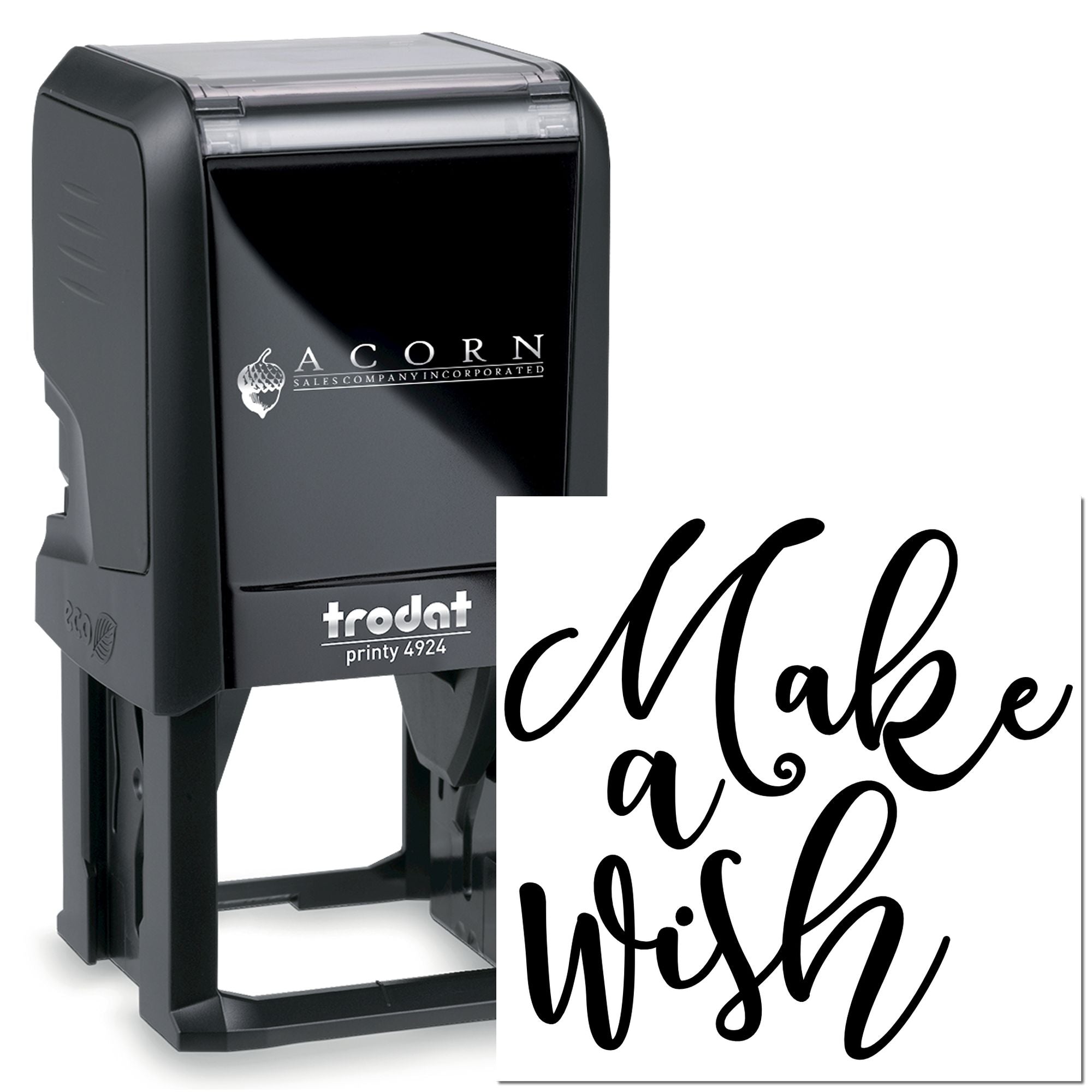 Trodat Printy 4924 self-inking rubber stamp with Make a wish custom script for personalized branding.