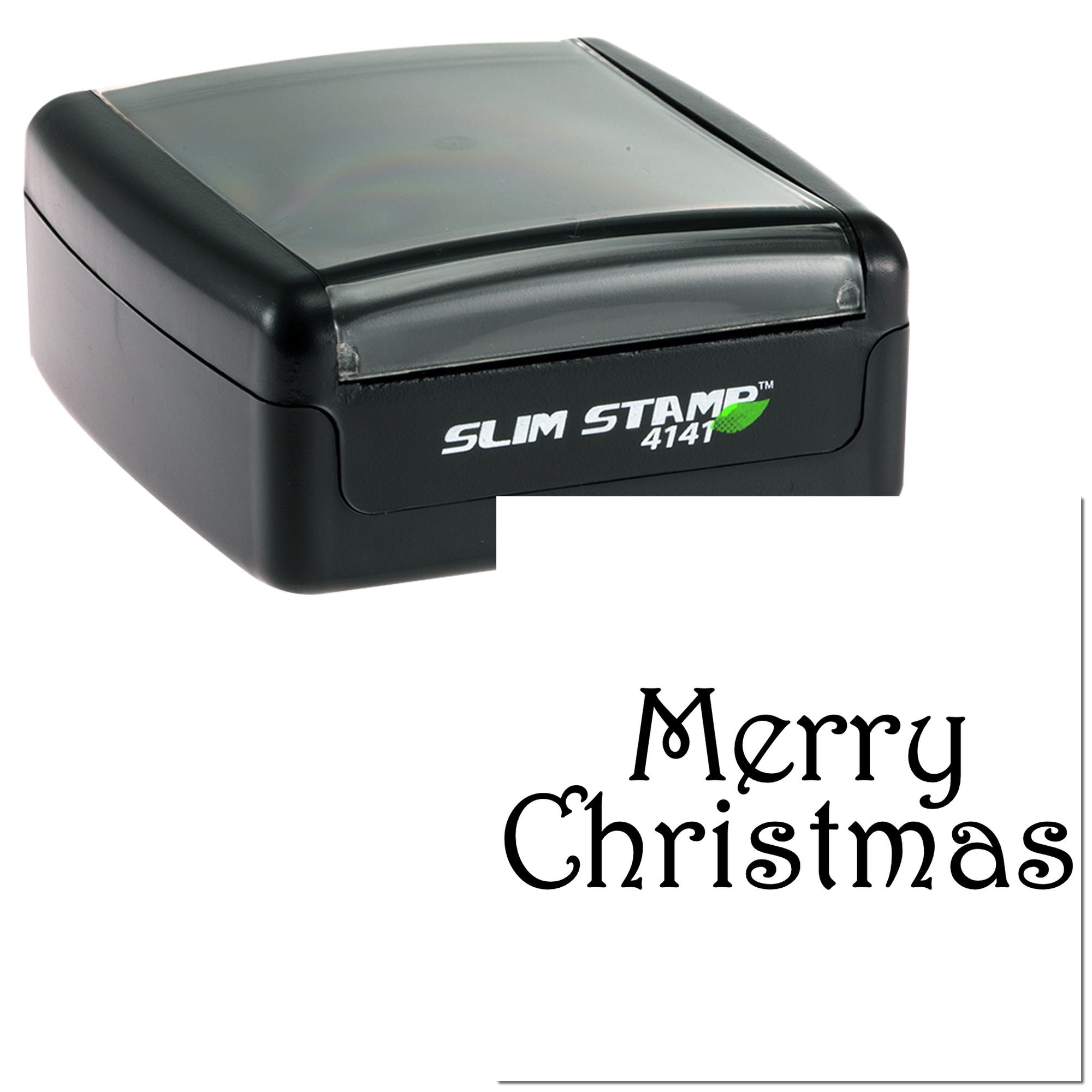 Merry Christmas custom self-inking rubber stamp with decorative holiday text imprint.