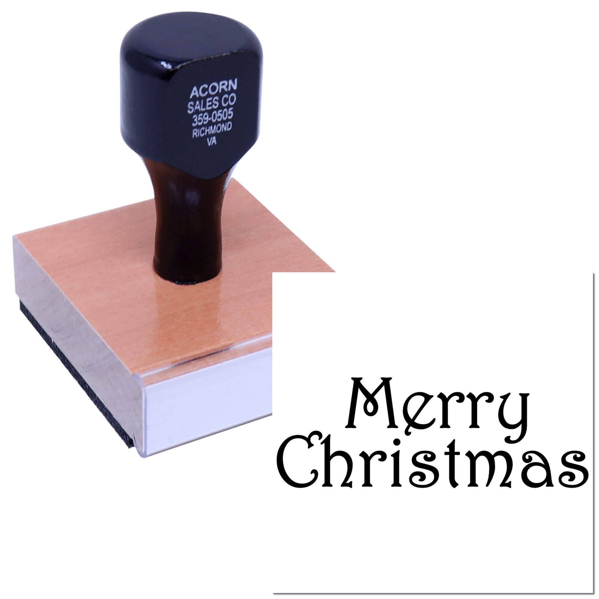 Custom Merry Christmas rubber stamp with holiday greeting impression for cards, crafts, and seasonal stationery.