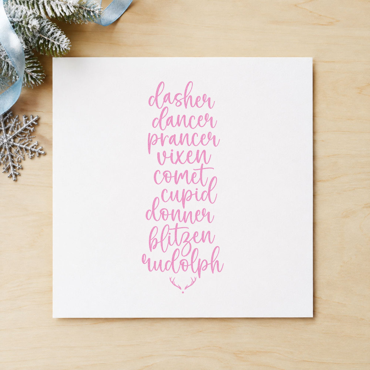 Santa Reindeer Names List craft stamp in purple ink on cardstock, an easy option for roster album page.