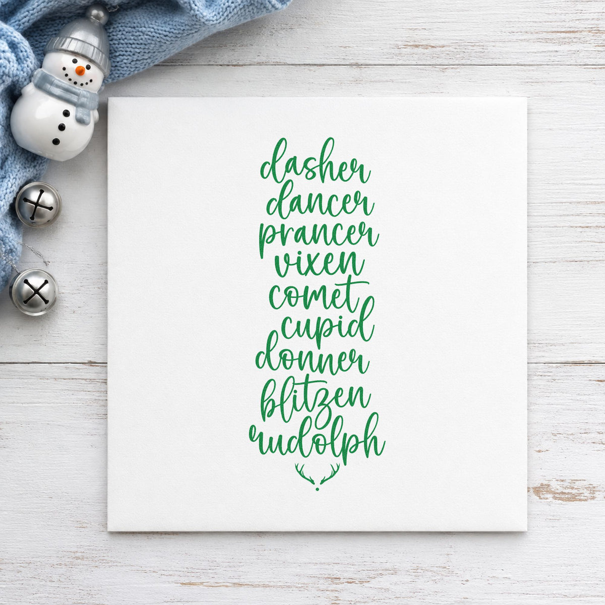 Santa Reindeer Names List craft stamp imprint in green ink on a handmade project, one idea being named stall tags.