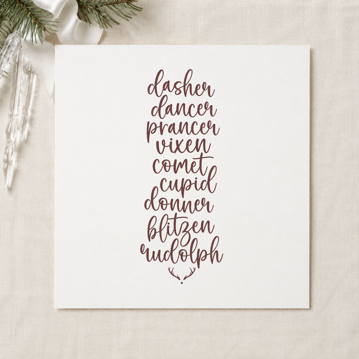 Santa Reindeer Names List rubber stamp printed in brown ink, ready for class roll sheet and similar paper crafts.