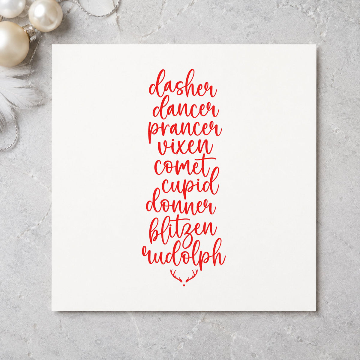 Santa Reindeer Names List craft stamp in red ink on cardstock, an easy option for apron strap printing.