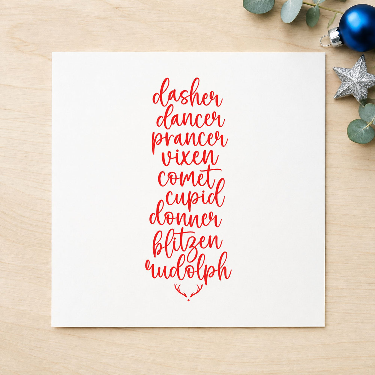 Santa Reindeer Names List rubber stamp shown in red ink, stamped for projects such as spice rack labels.