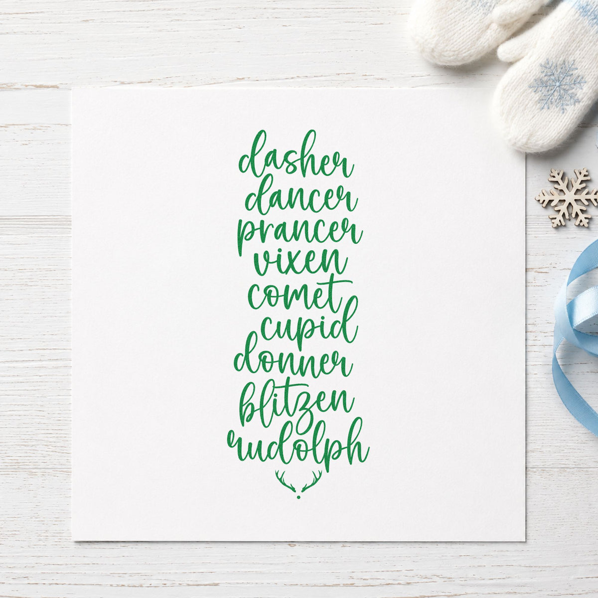 Santa Reindeer Names List craft stamp imprint in green ink on a handmade project, one idea being seating order cards.