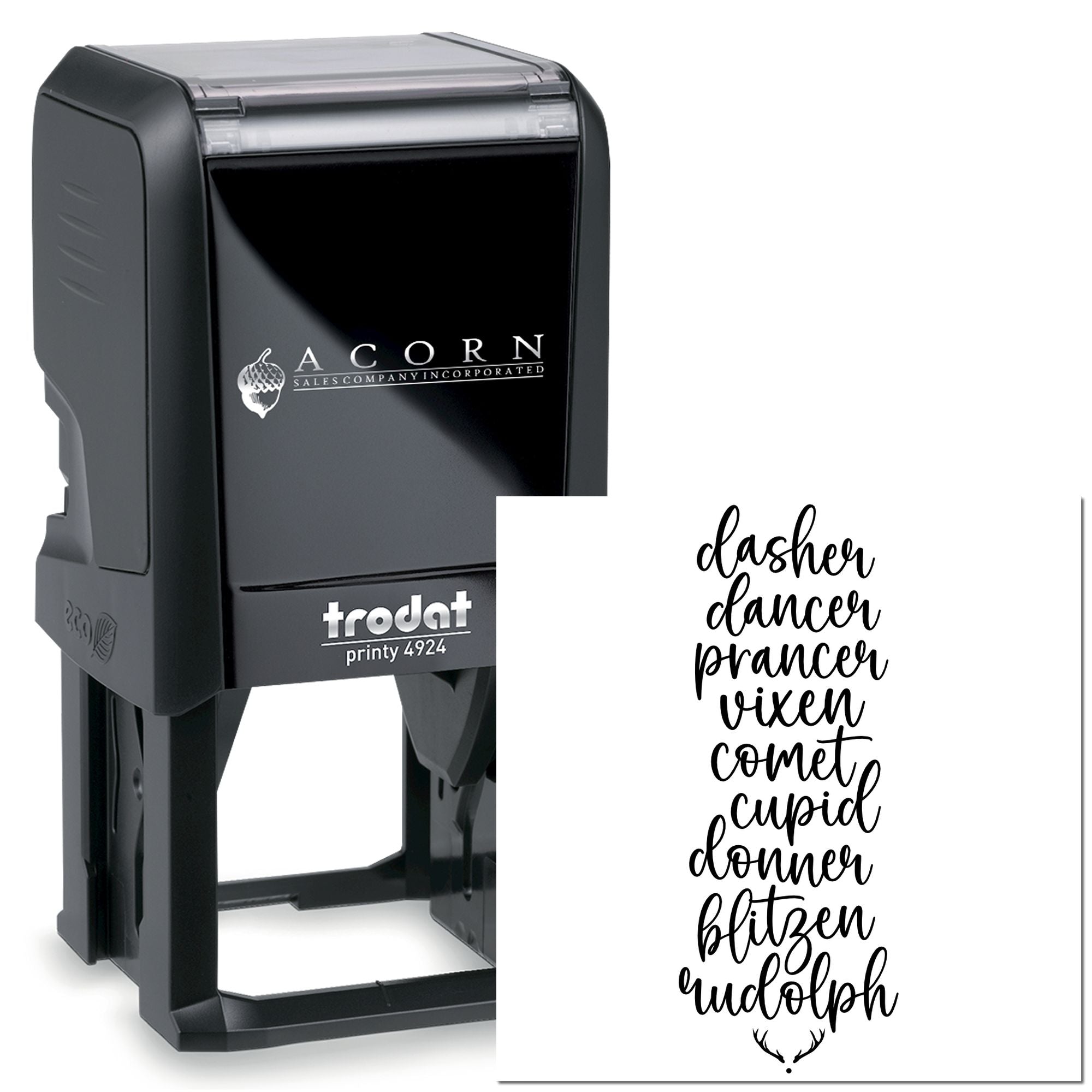 Custom self-inking rubber stamp with playful word list design, ideal for personalized branding, labels, and stationery.