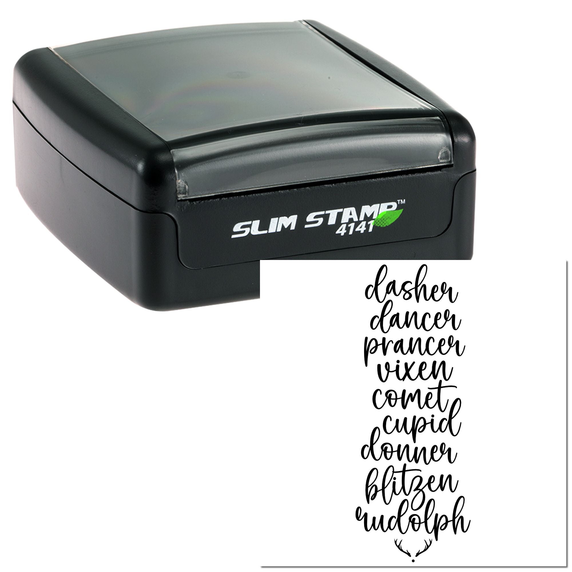 Black self-inking rubber stamp with sample imprint for custom name or word designs, ideal for personalized stamping.