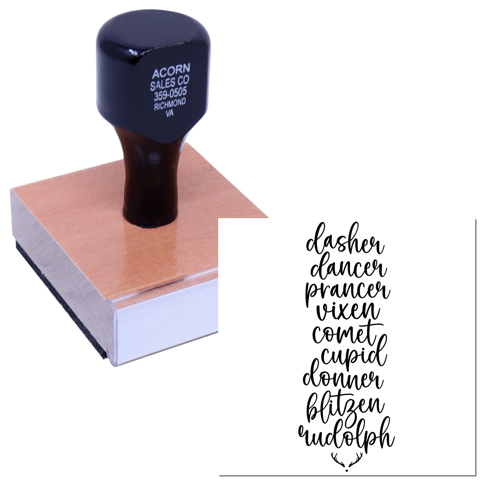 Custom rubber stamp product photo showing logo stamp and script font options for personalized rubber stamps.