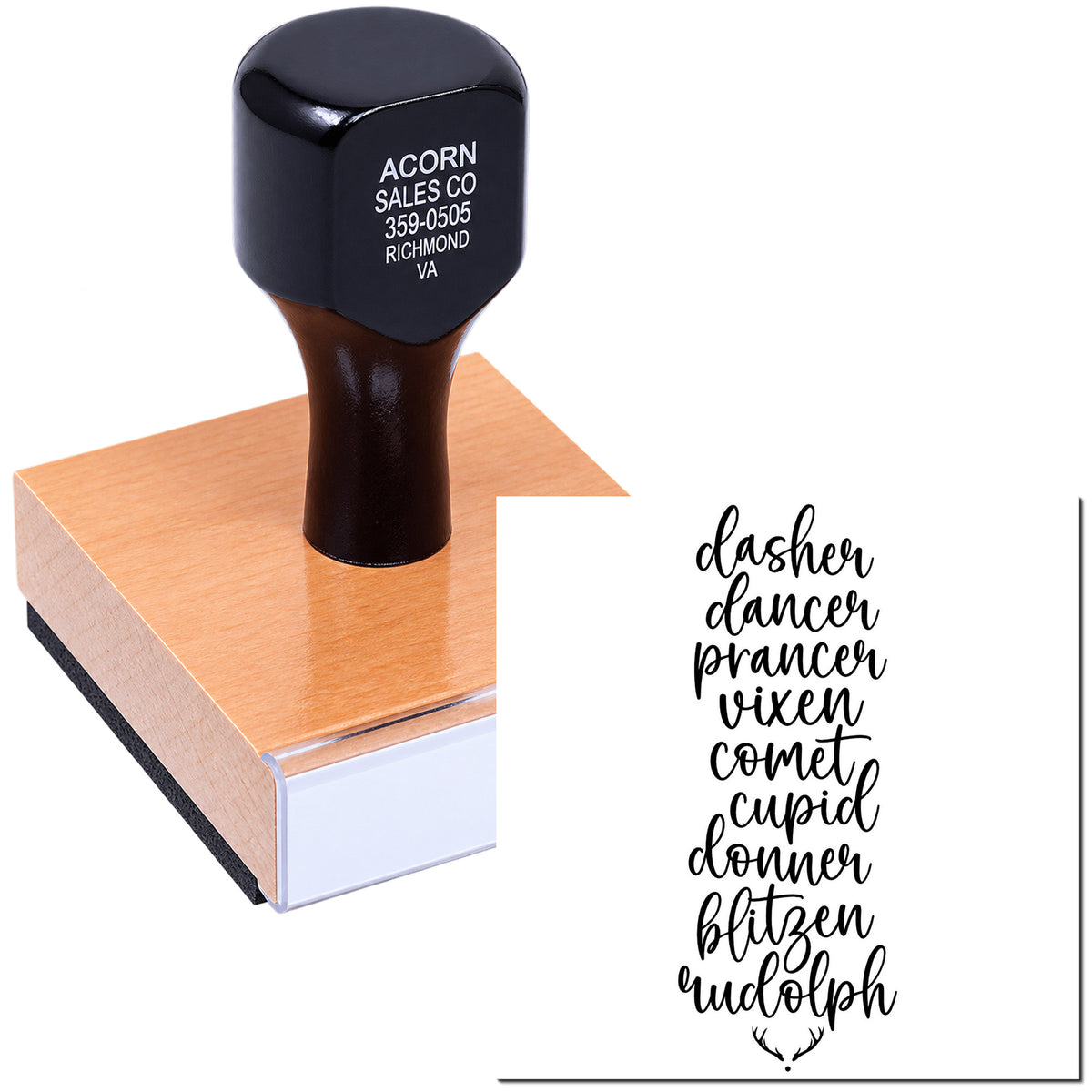 Custom rubber stamp product photo showing logo stamp and script font options for personalized rubber stamps.