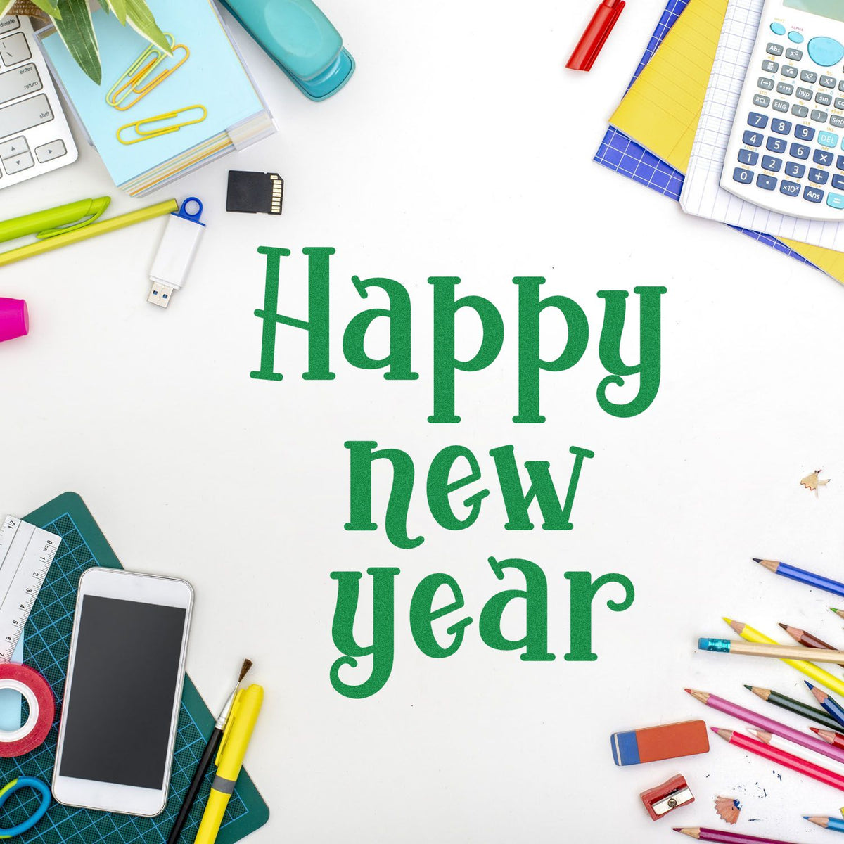 Happy New Year Serif rubber stamp shown in green ink, stamped for projects such as annual album page.